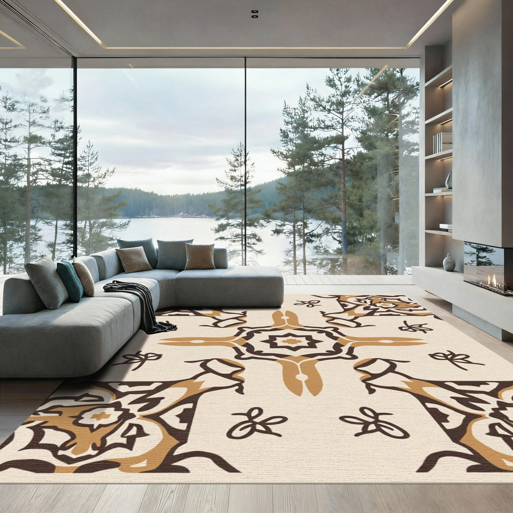 Cream Brown Symmetrical Starburst Medallion Rug