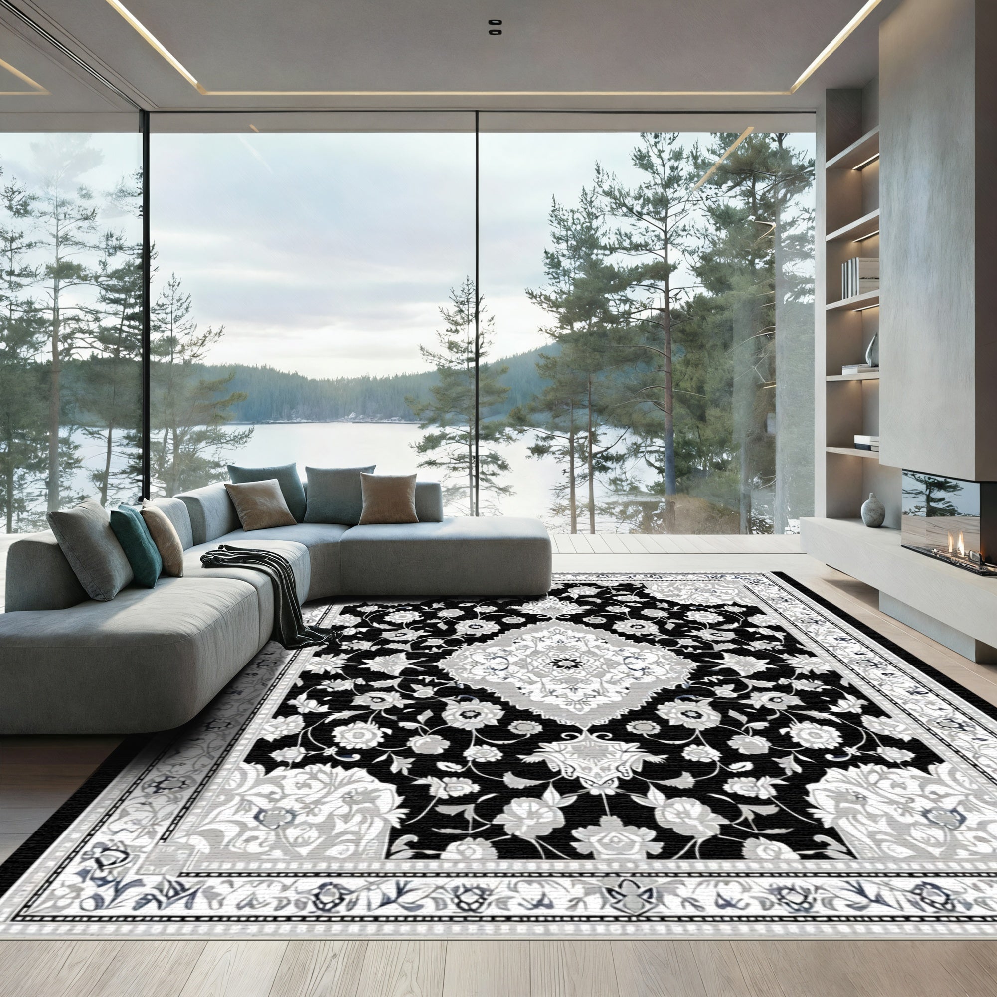 Monochromatic Ornate Floral Medallion Rug