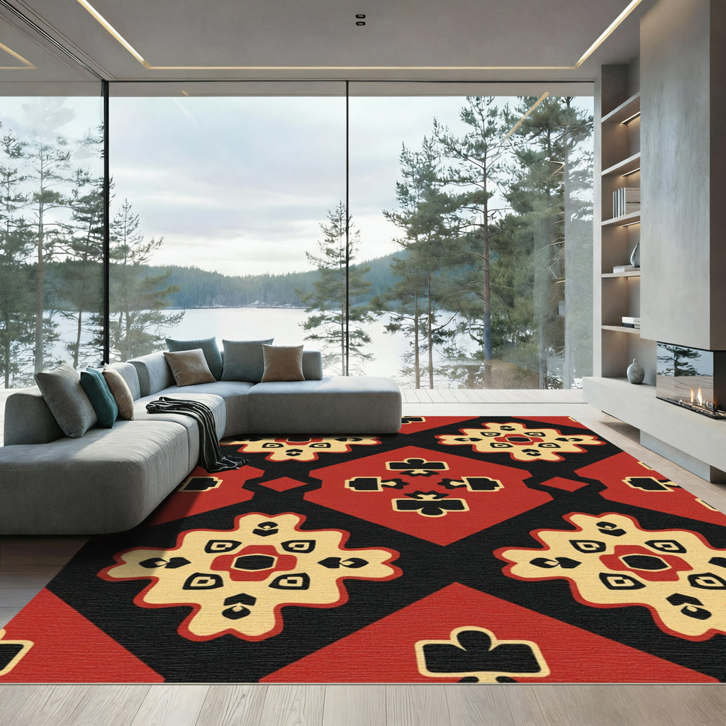 Red Black Cream Medallion Diamonds Rug