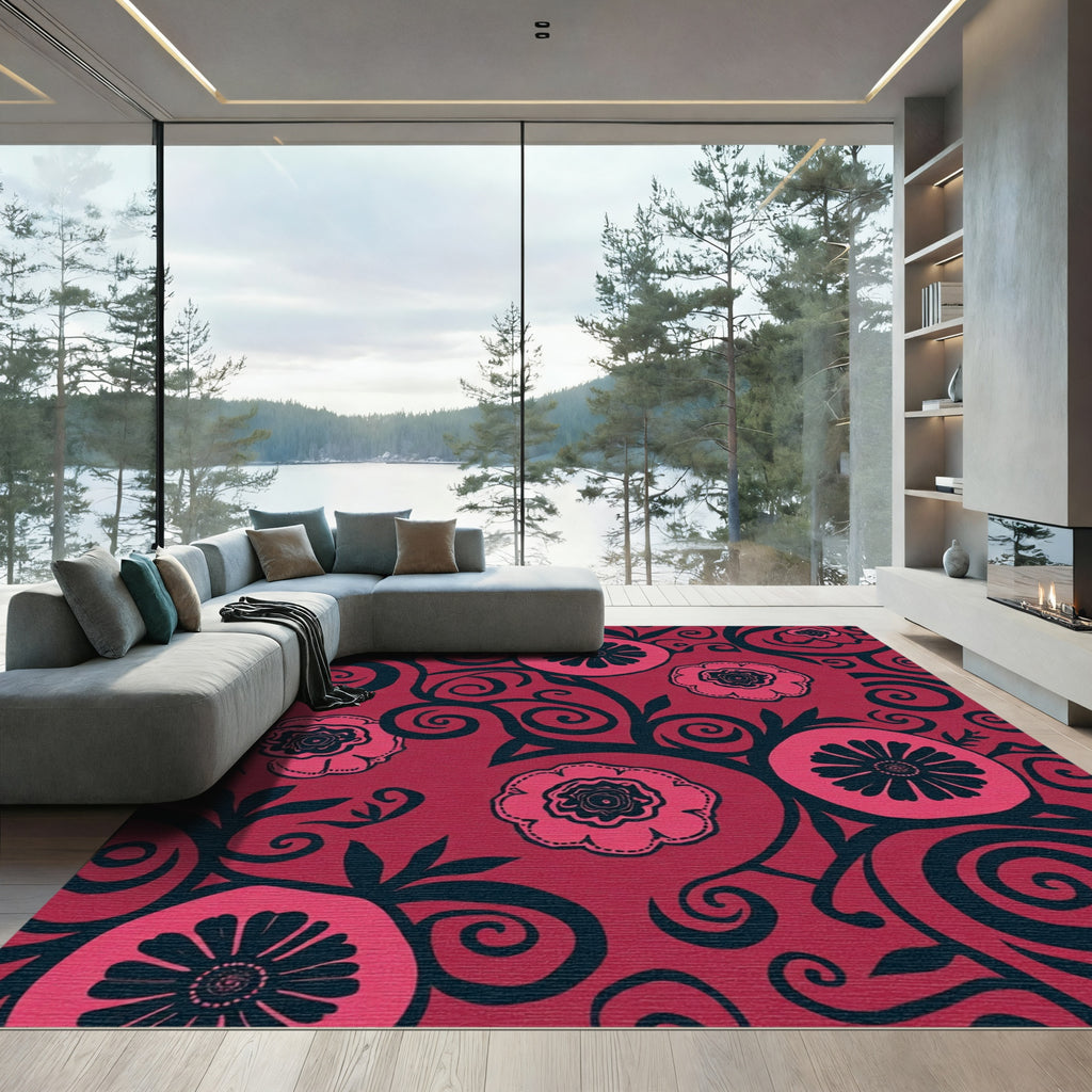 Crimson Floral Swirl Artwork Rug