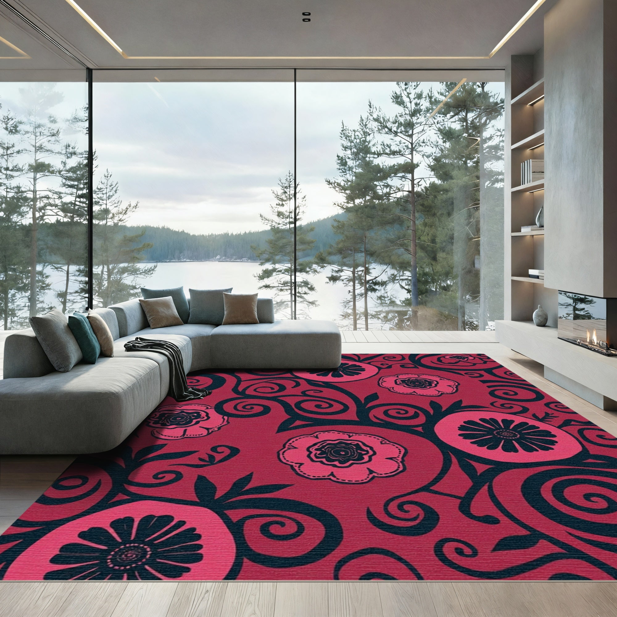 Crimson Floral Swirl Artwork Rug