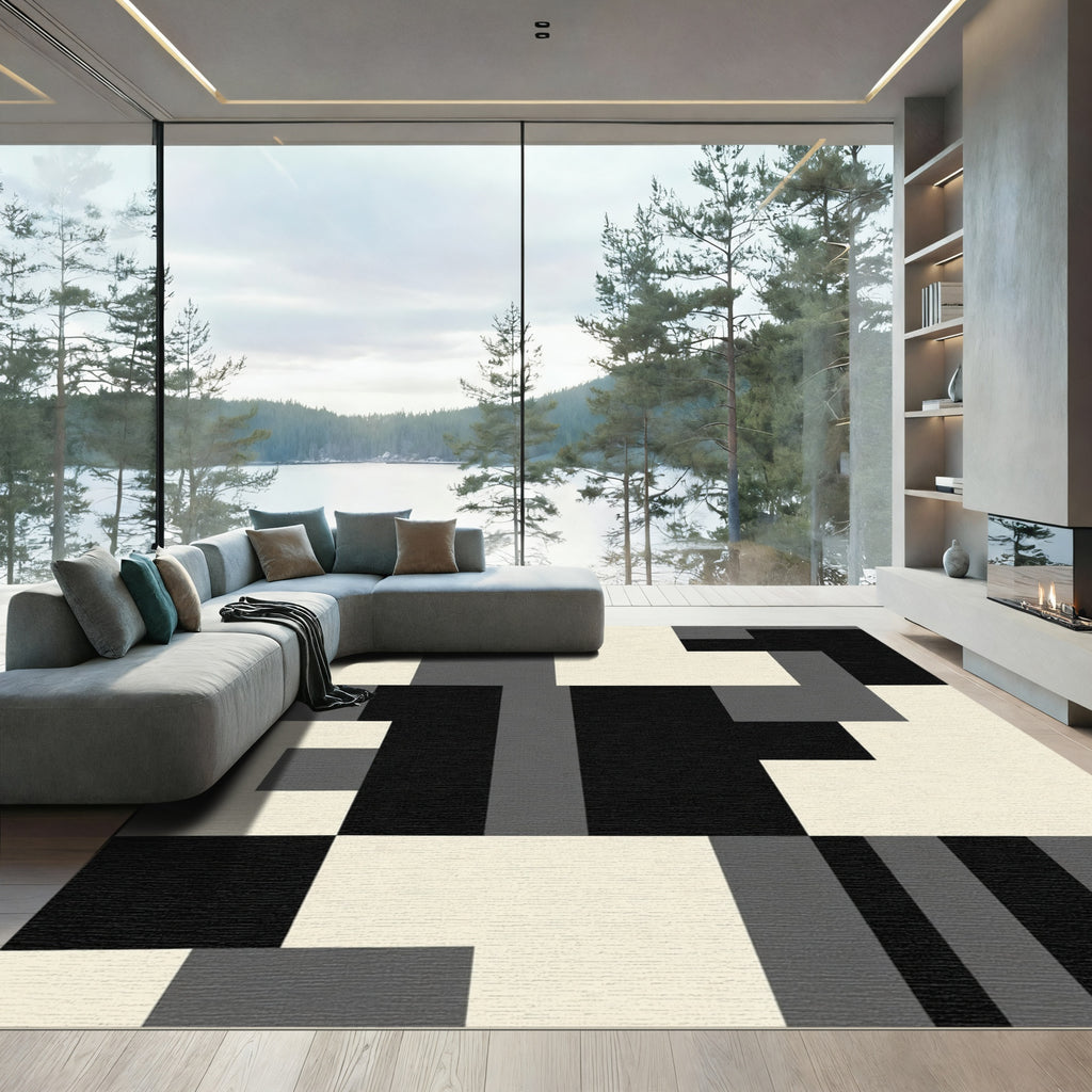 Monochrome Geometric Blocks Contemporary Rug
