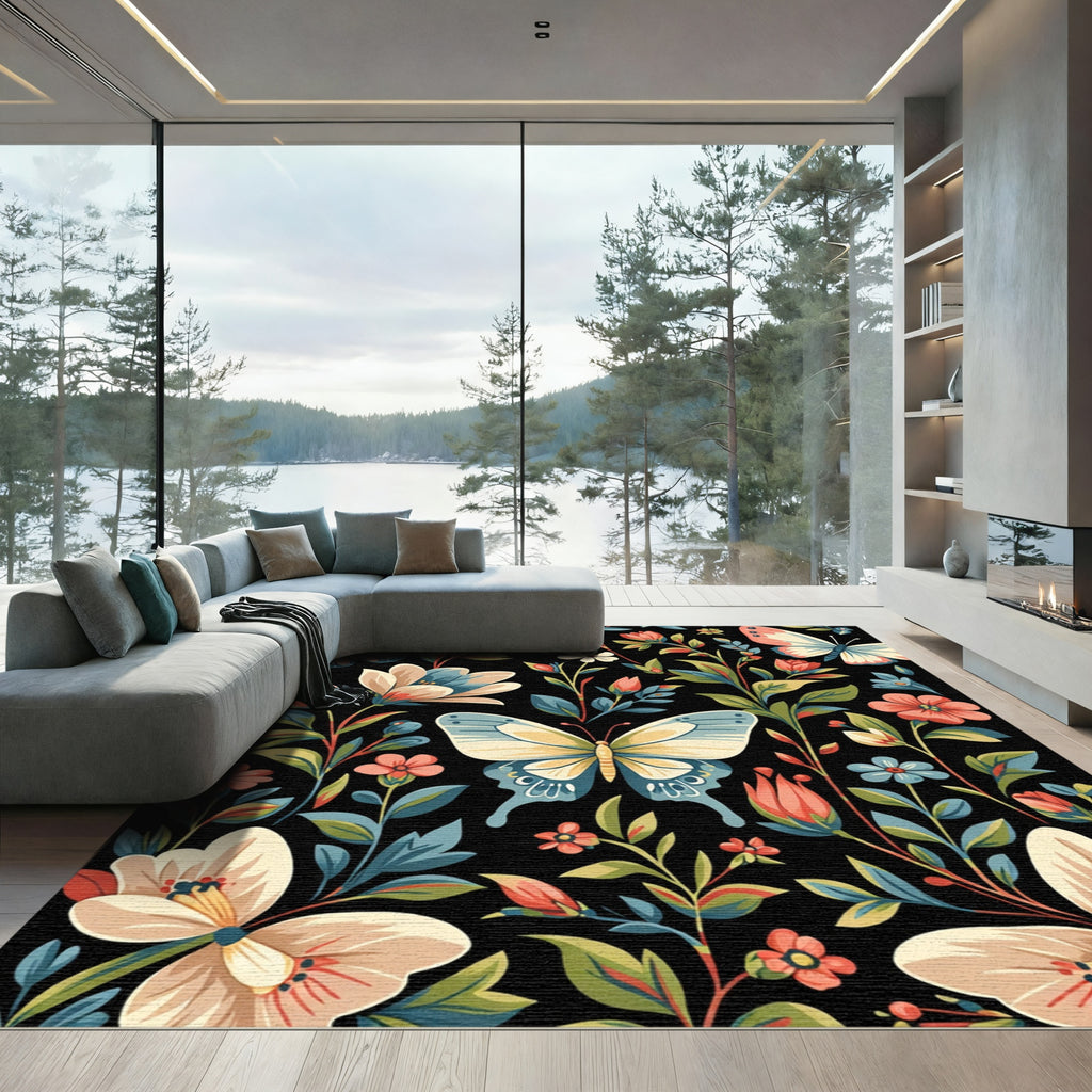 Ornate Fluttering Insect Bloom Scene Rug