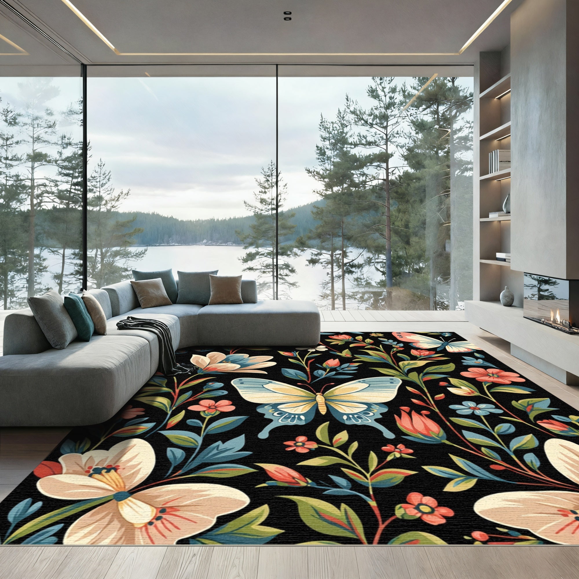 Ornate Fluttering Insect Bloom Scene Rug