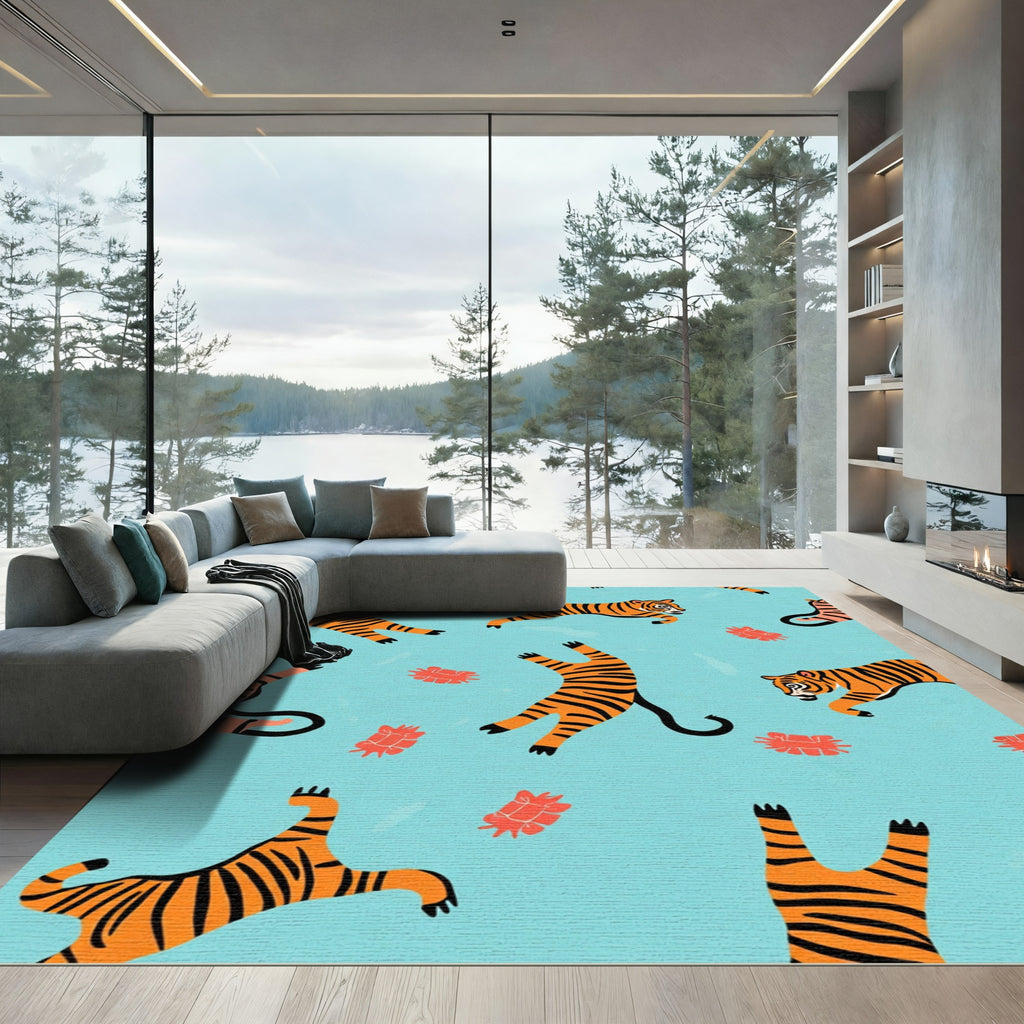 Playful Orange Tigers Light Blue Background Rug
