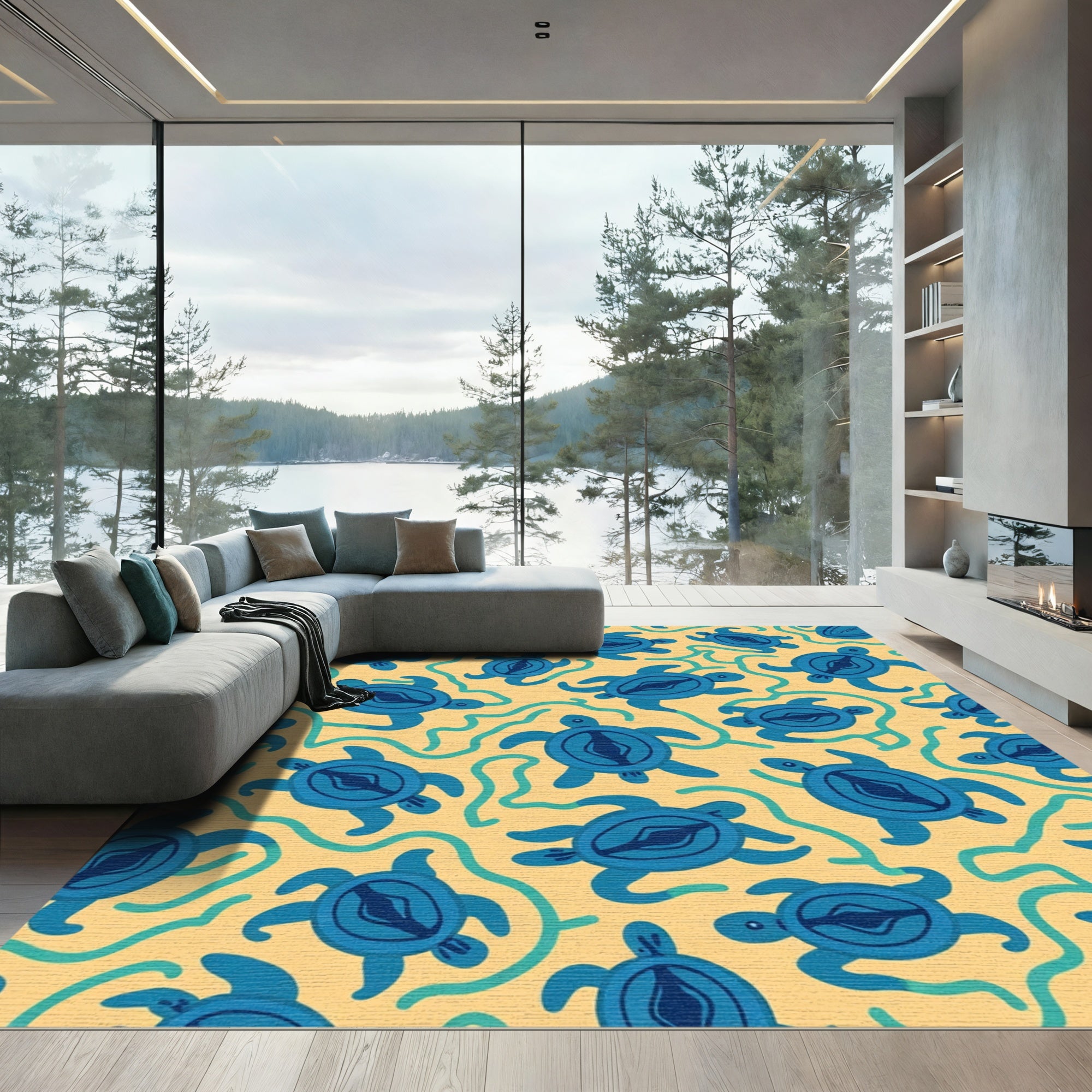 Whimsical Blue Sea Turtles Swirl Rug