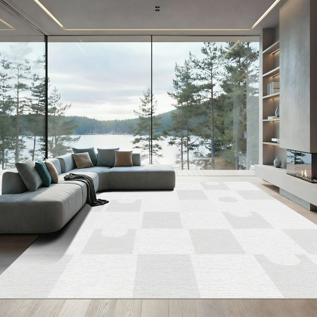 Modern White Geometric Square Oval Rug