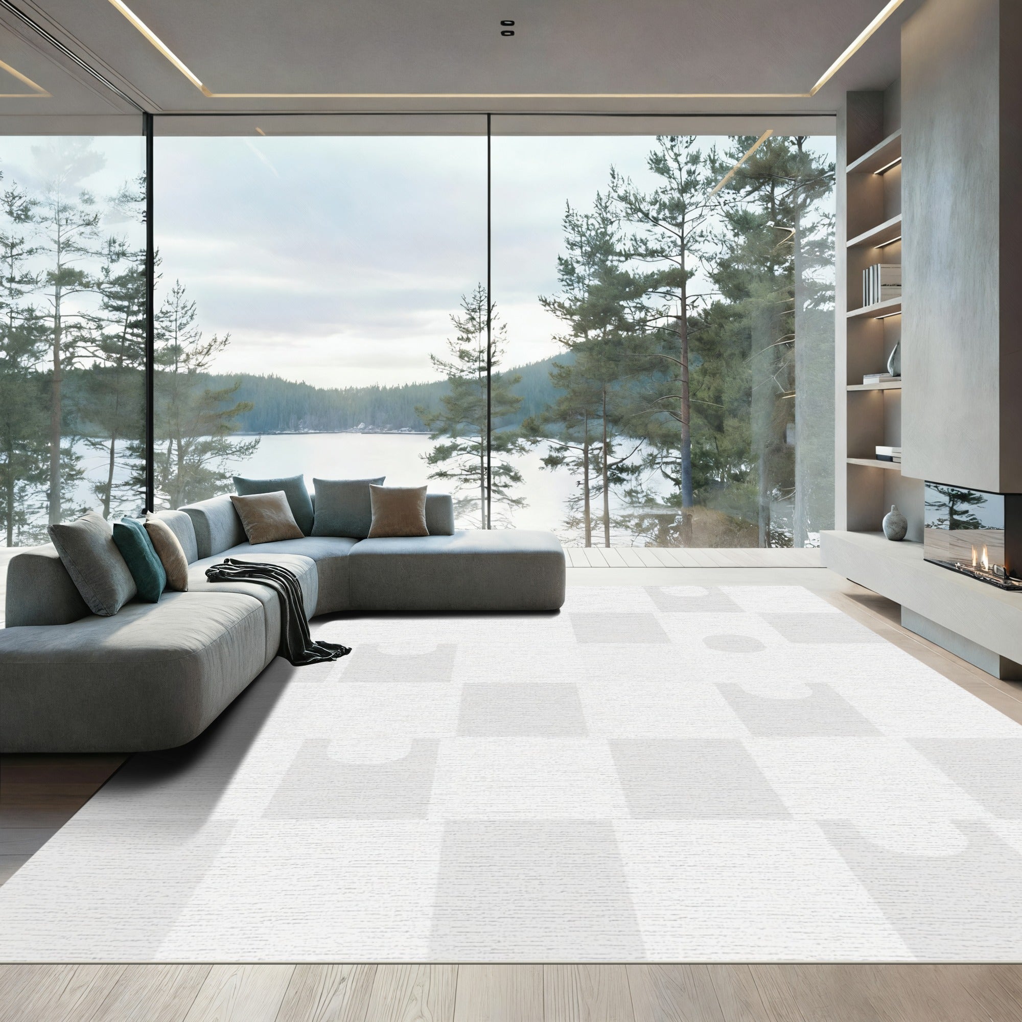 Modern White Geometric Square Oval Rug