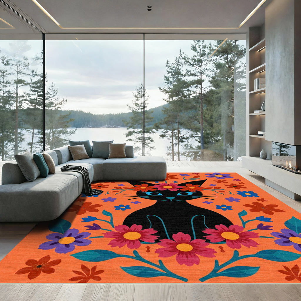 Black Cat Floral Crown Orange Rug