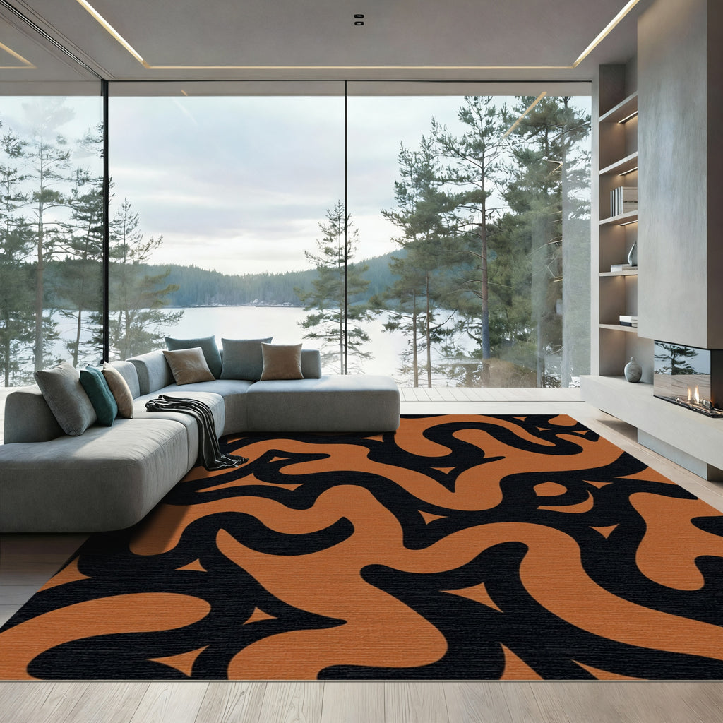 Terra Cotta Black Swirl Abstract Rug