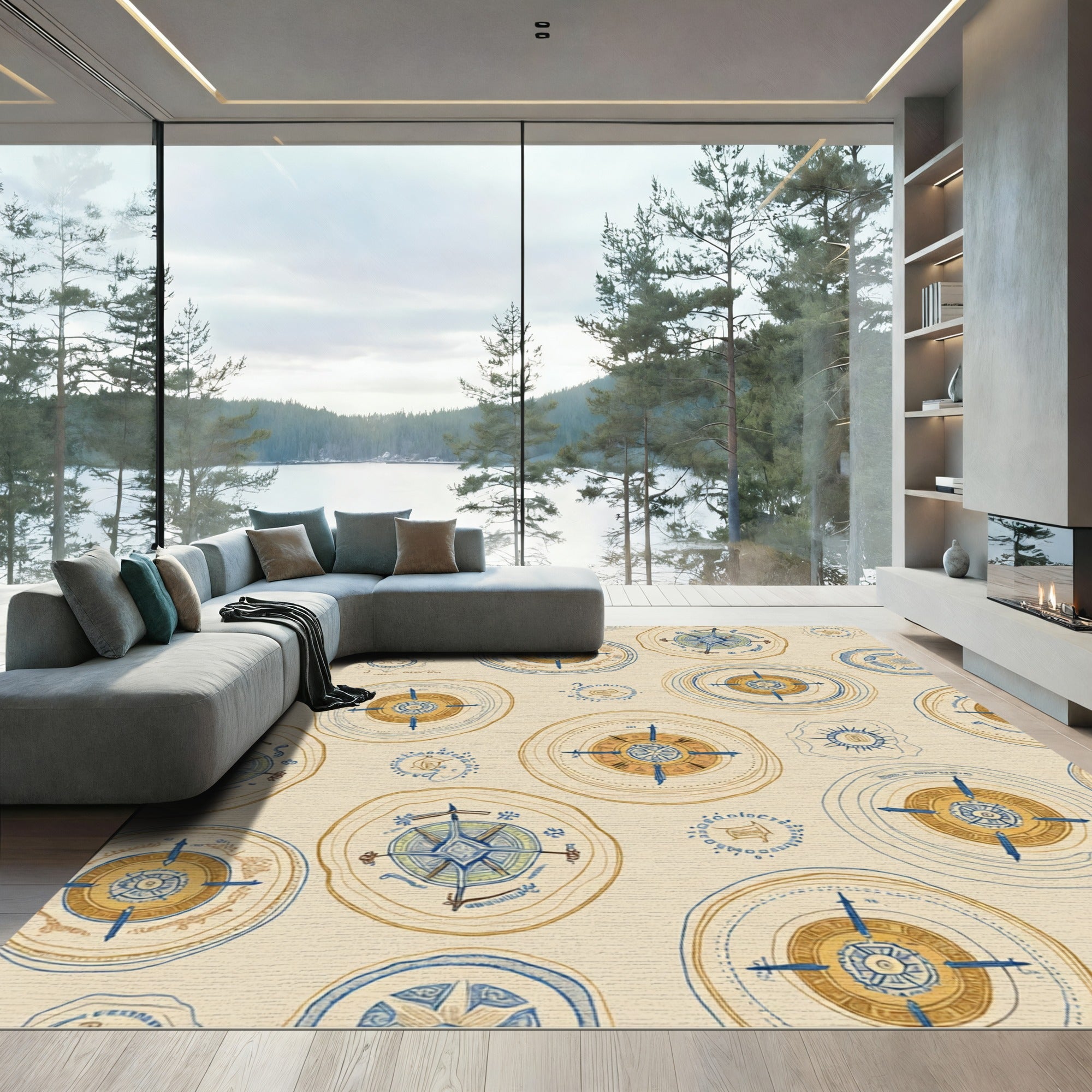 Navigational Compass Set Yellow Blue Rug