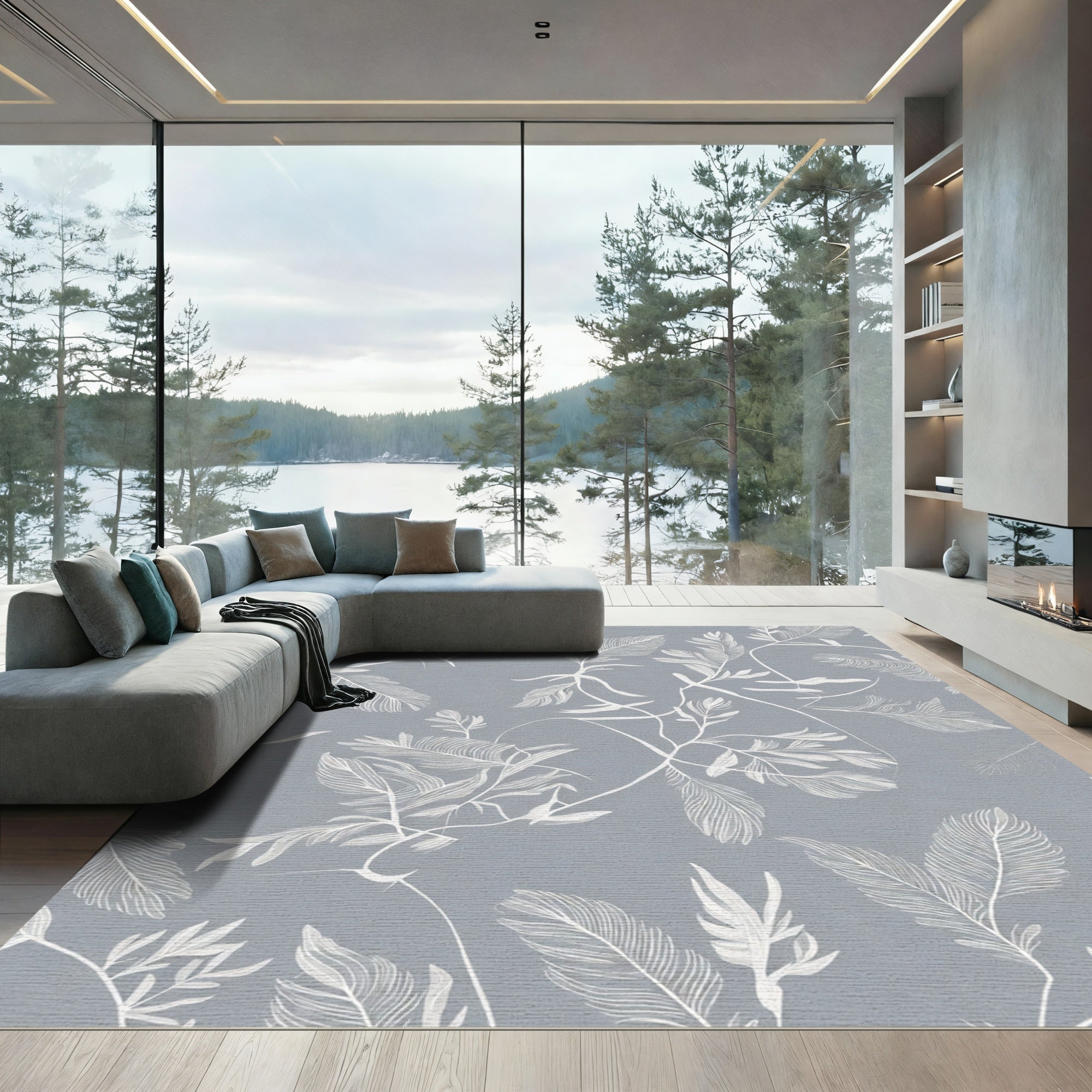 Soft White Tropical Foliage Gray Rug