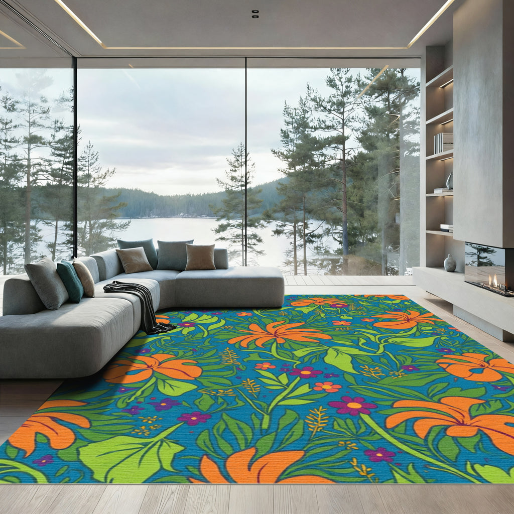 Vibrant Orange Floral Blue Green Swirls Rug