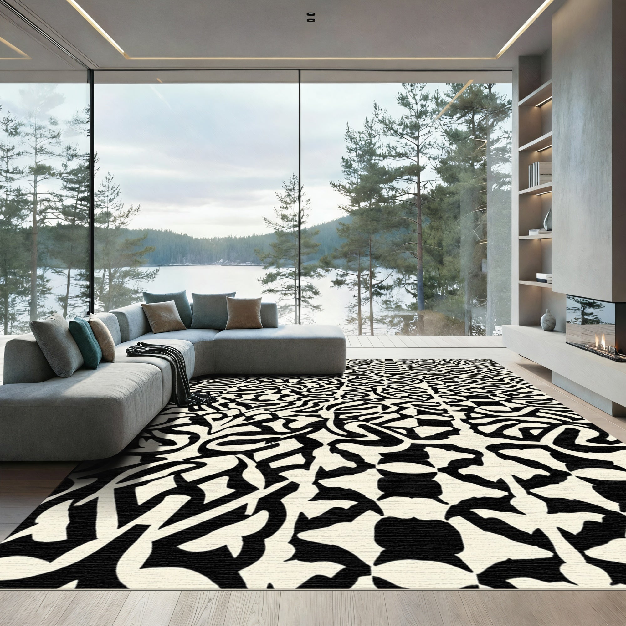 Black Cream Optical Illusion Maze Rug