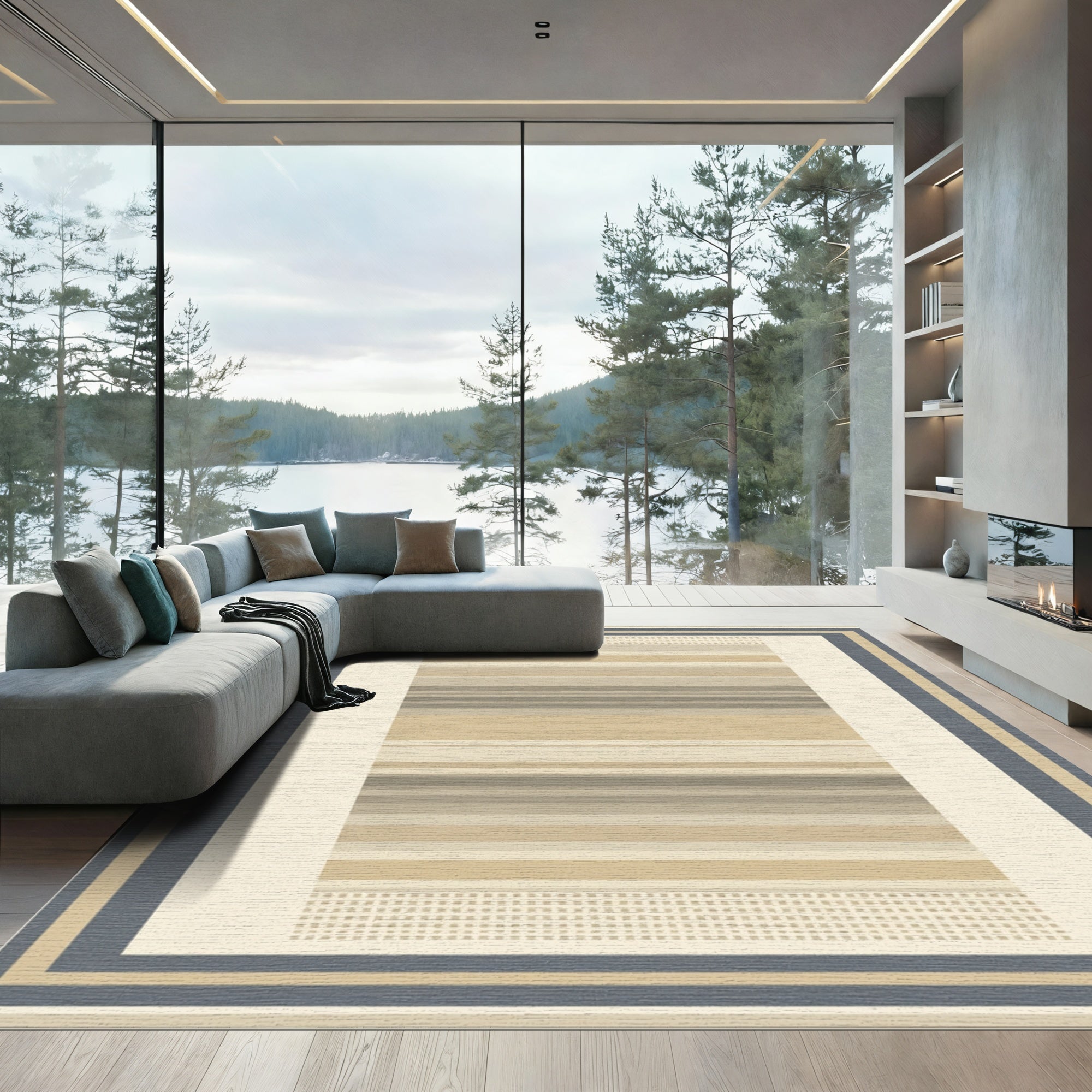 Neutral Tones Horizontal Stripe Border Rug