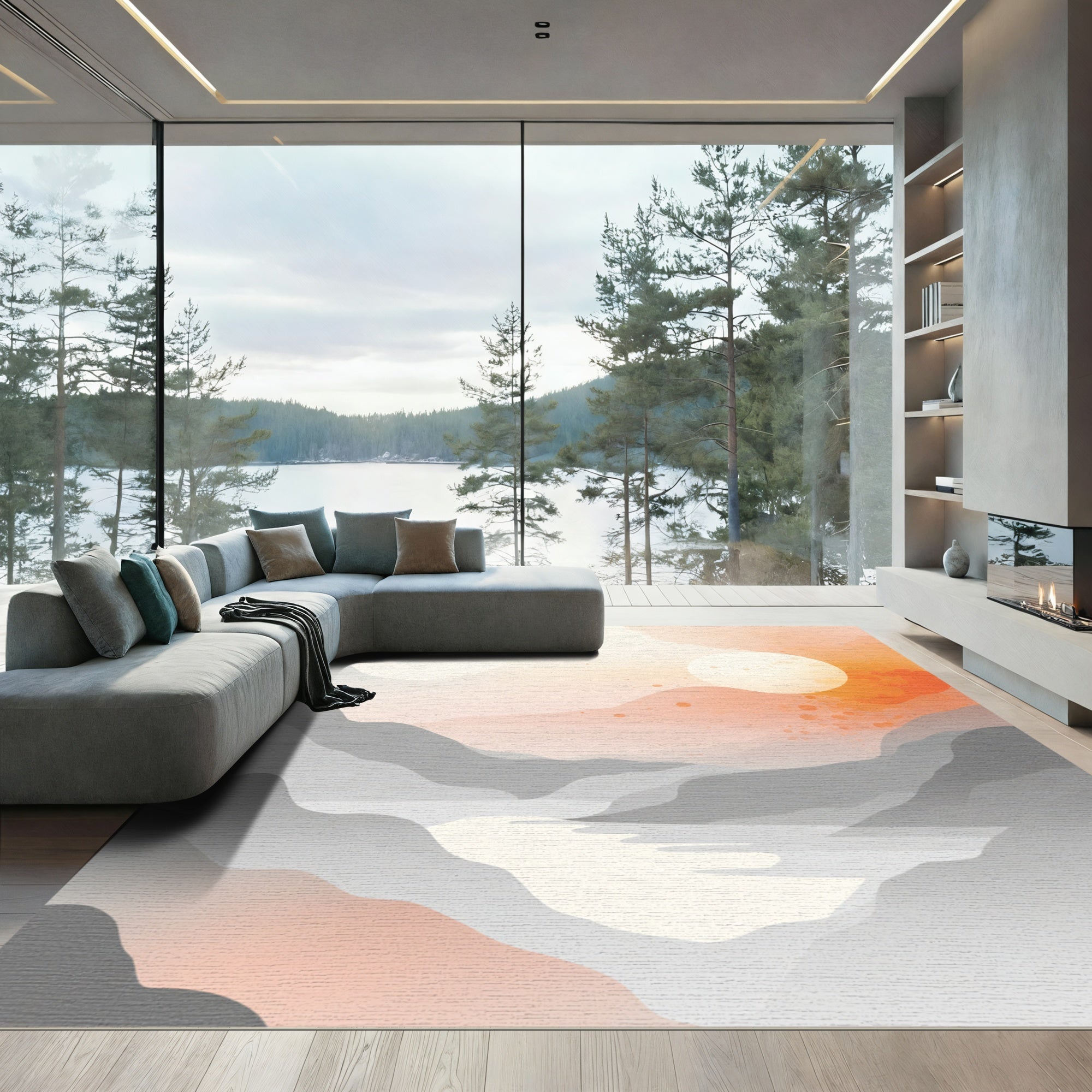 Serene Orange Moonlit Mountain River Rug