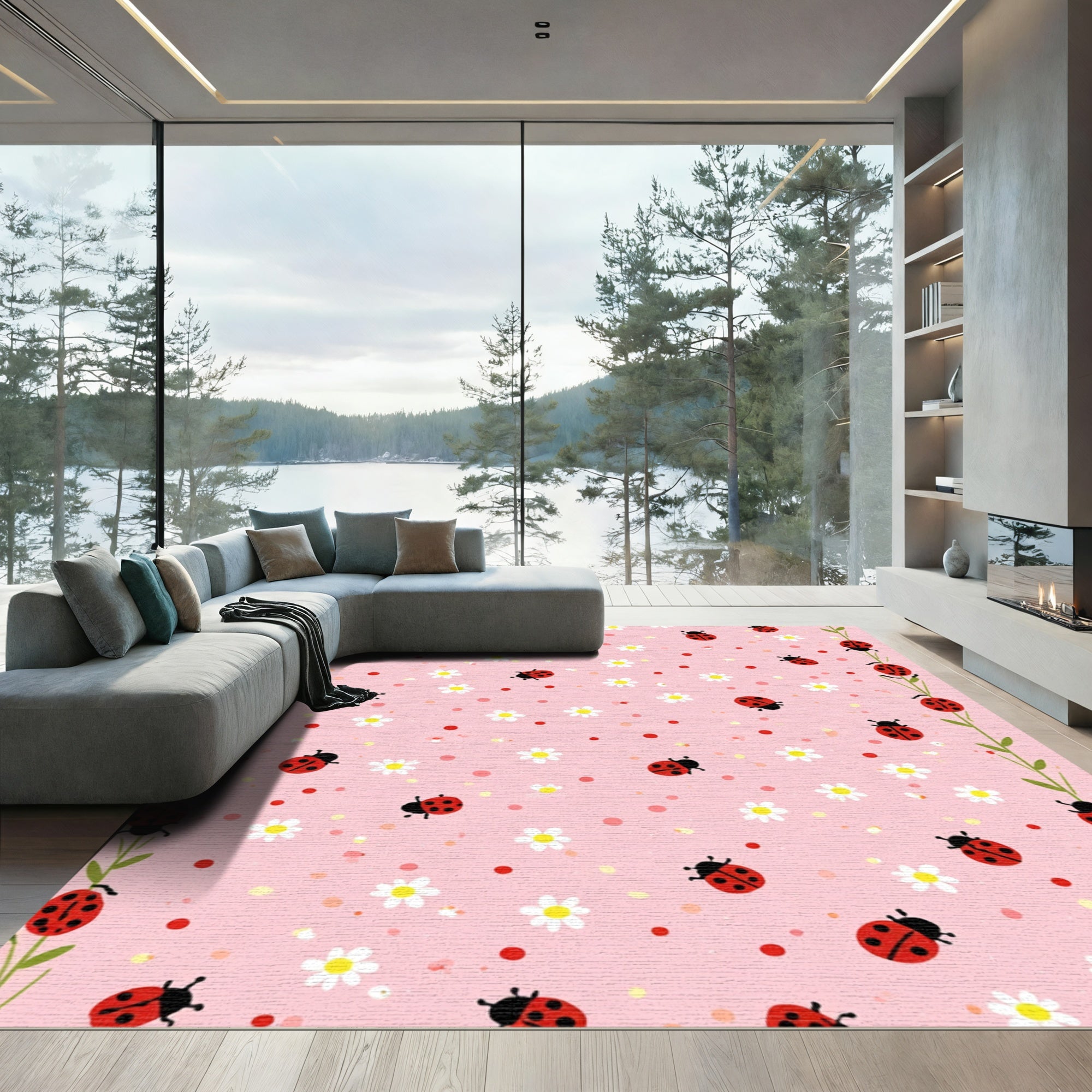 Pink Ladybug Daisy Garden Rug