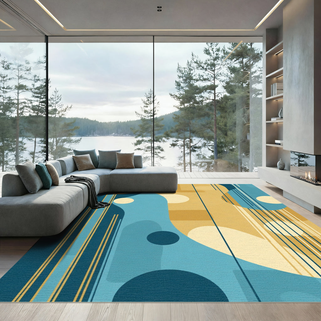 Modern Blue Amber Geometric Shapes Rug