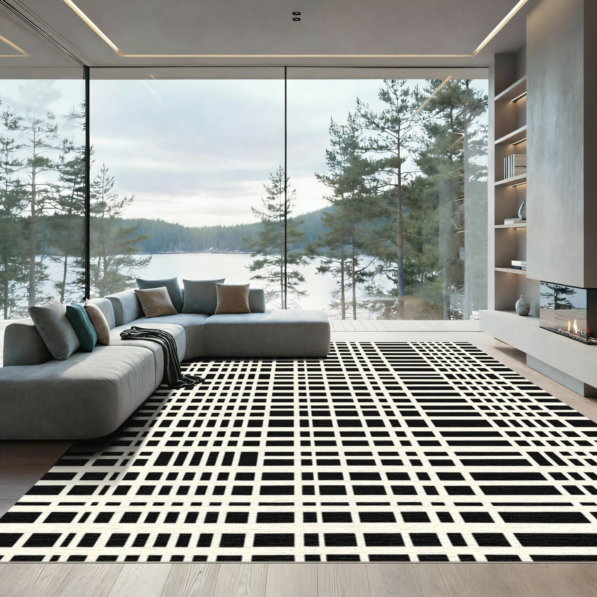 Black and Cream Grid Rectangles Rug
