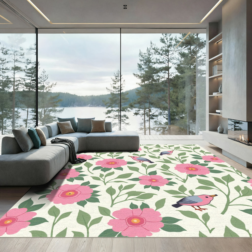 Pink Floral Garden With Birds Rug