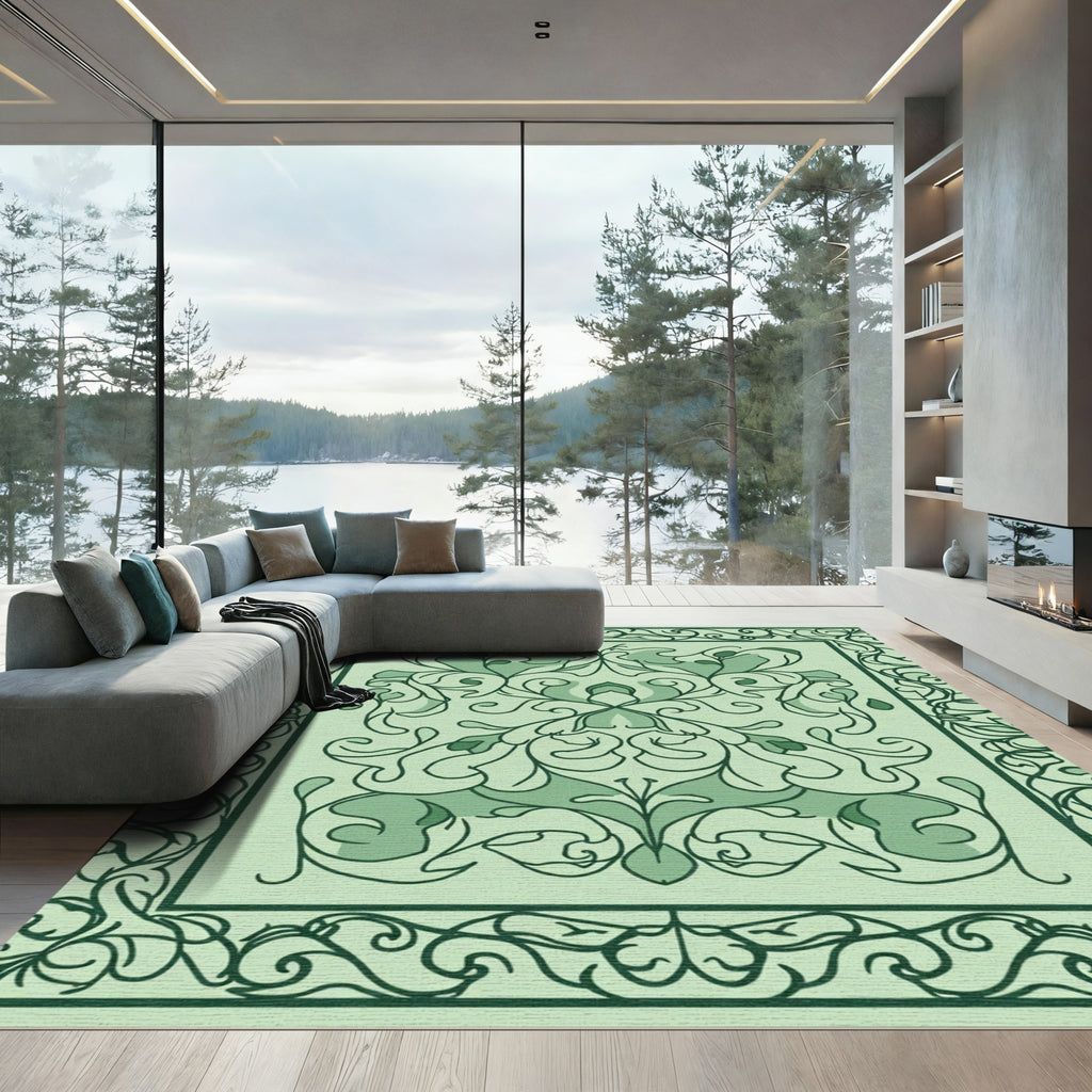 Green Tonal Floral Medallion Arabesque Rug