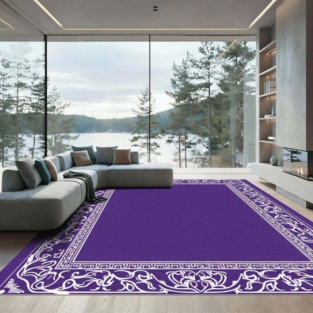Deep Purple White Floral Border Rug