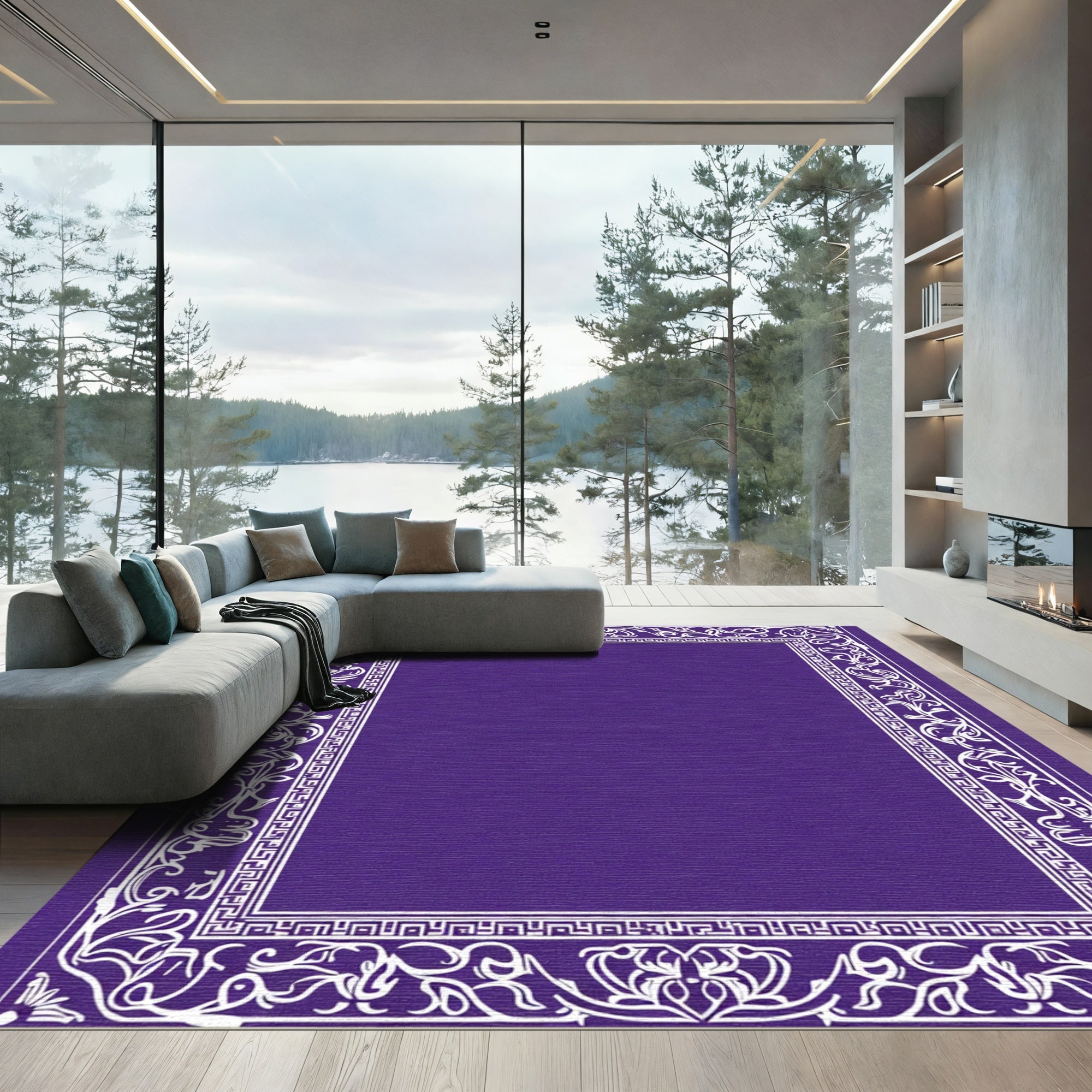 Deep Purple White Floral Border Rug
