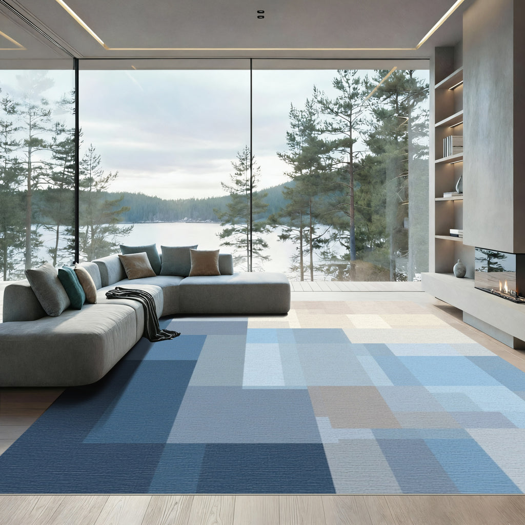 Abstract Geometric Teal and Cream Rectangles Rug