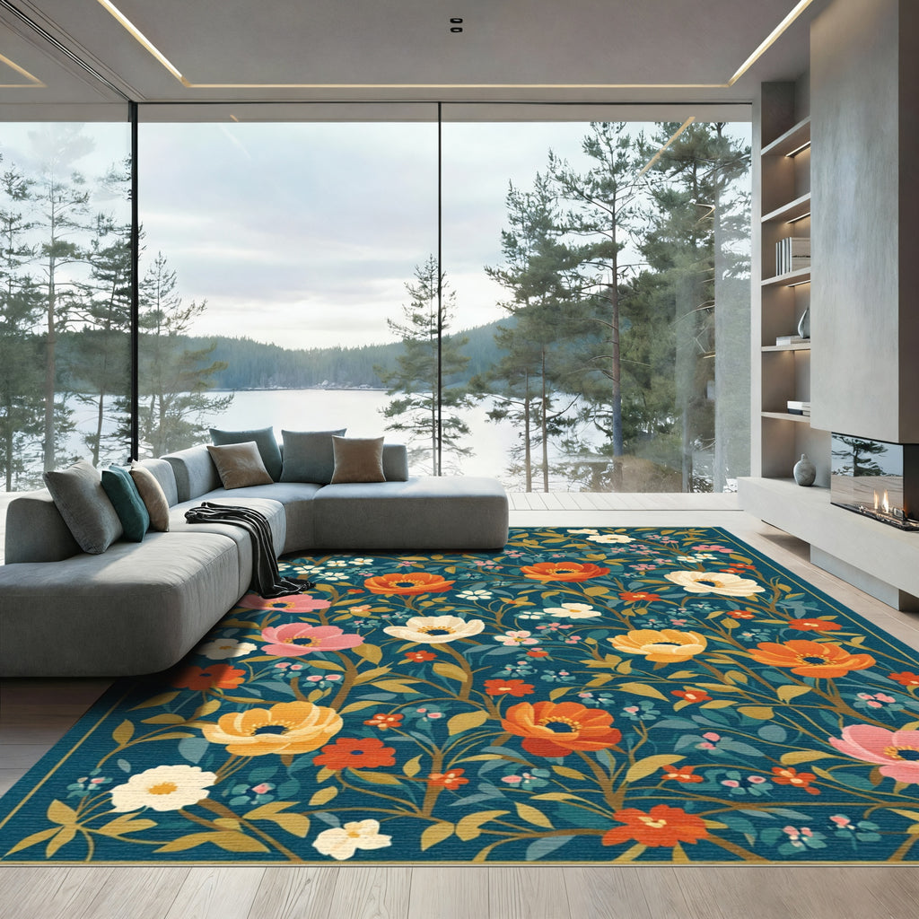 Crimson Orange Floral Garden Bird Rug