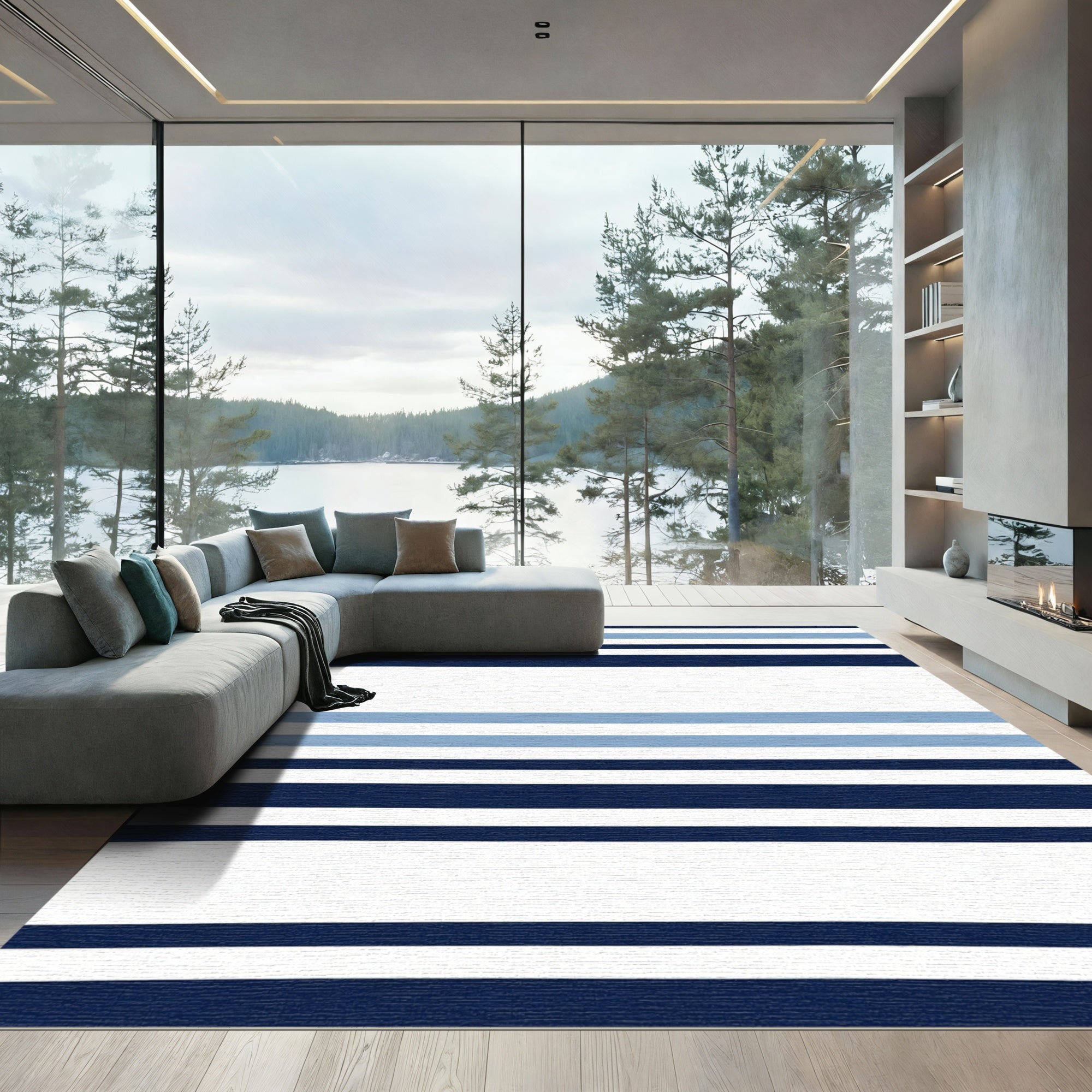 Navy Blue White Sky Blue Stripes Rug