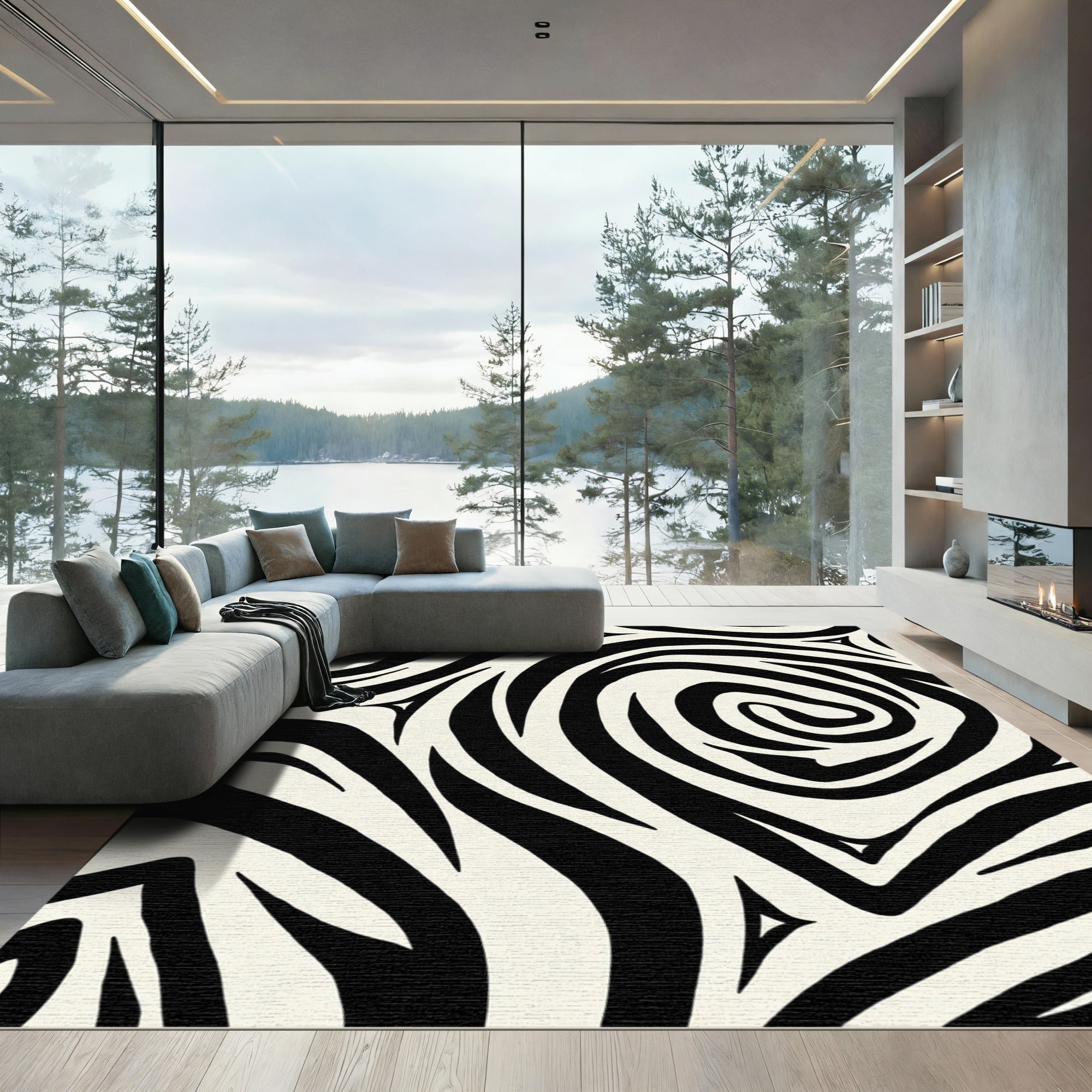 Bold Black White Swirl Stripe Rug