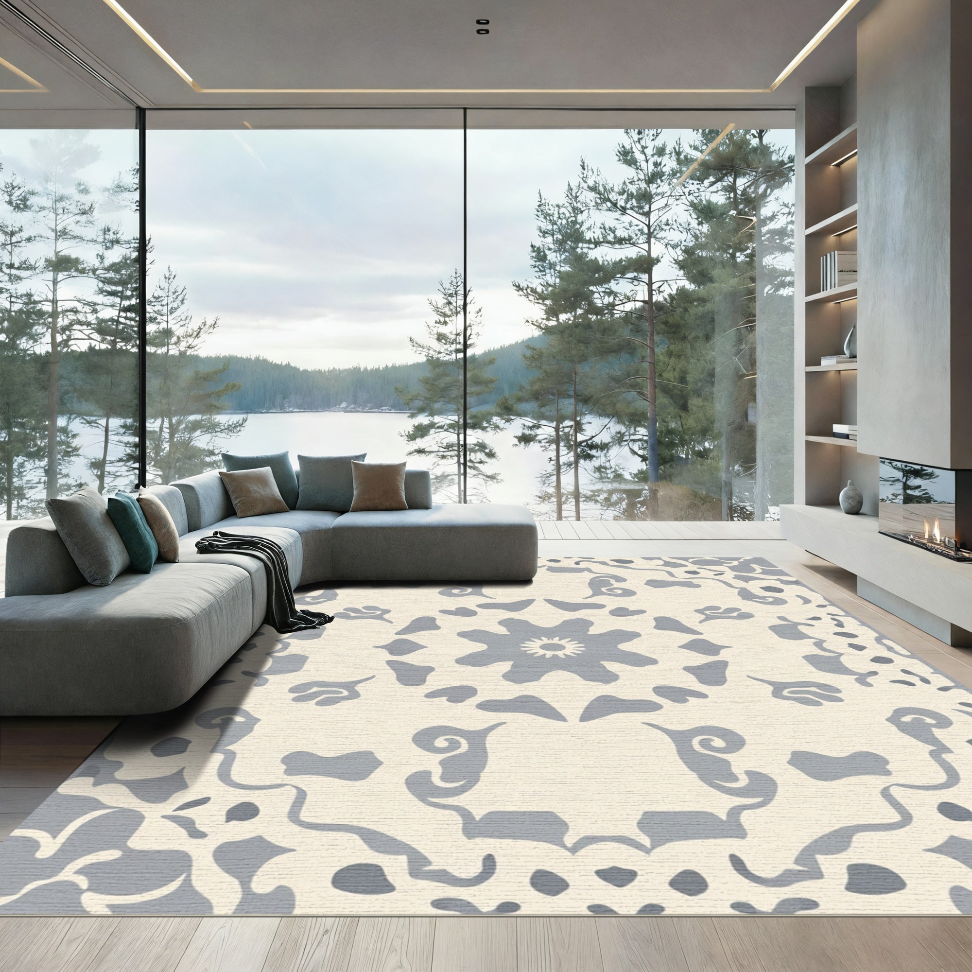 Cream Gray Floral Medallion Arrangement Rug