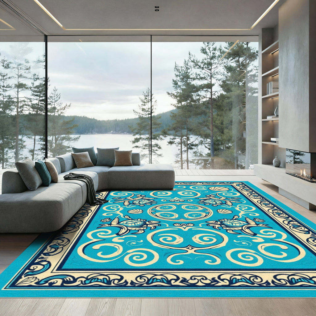 Azure Turtle Seashell Medallion Rug