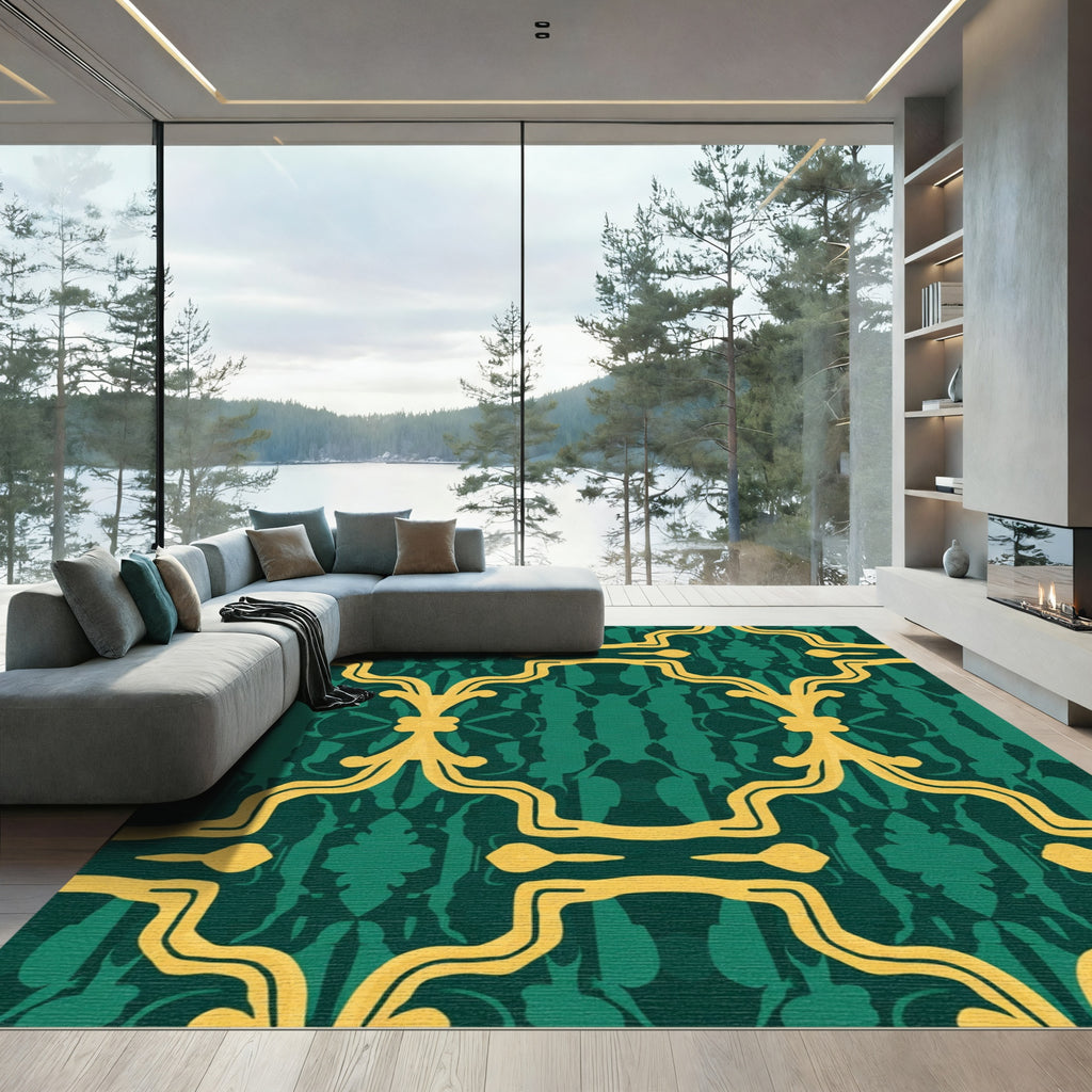 Emerald Gold Baroque Damask Rug