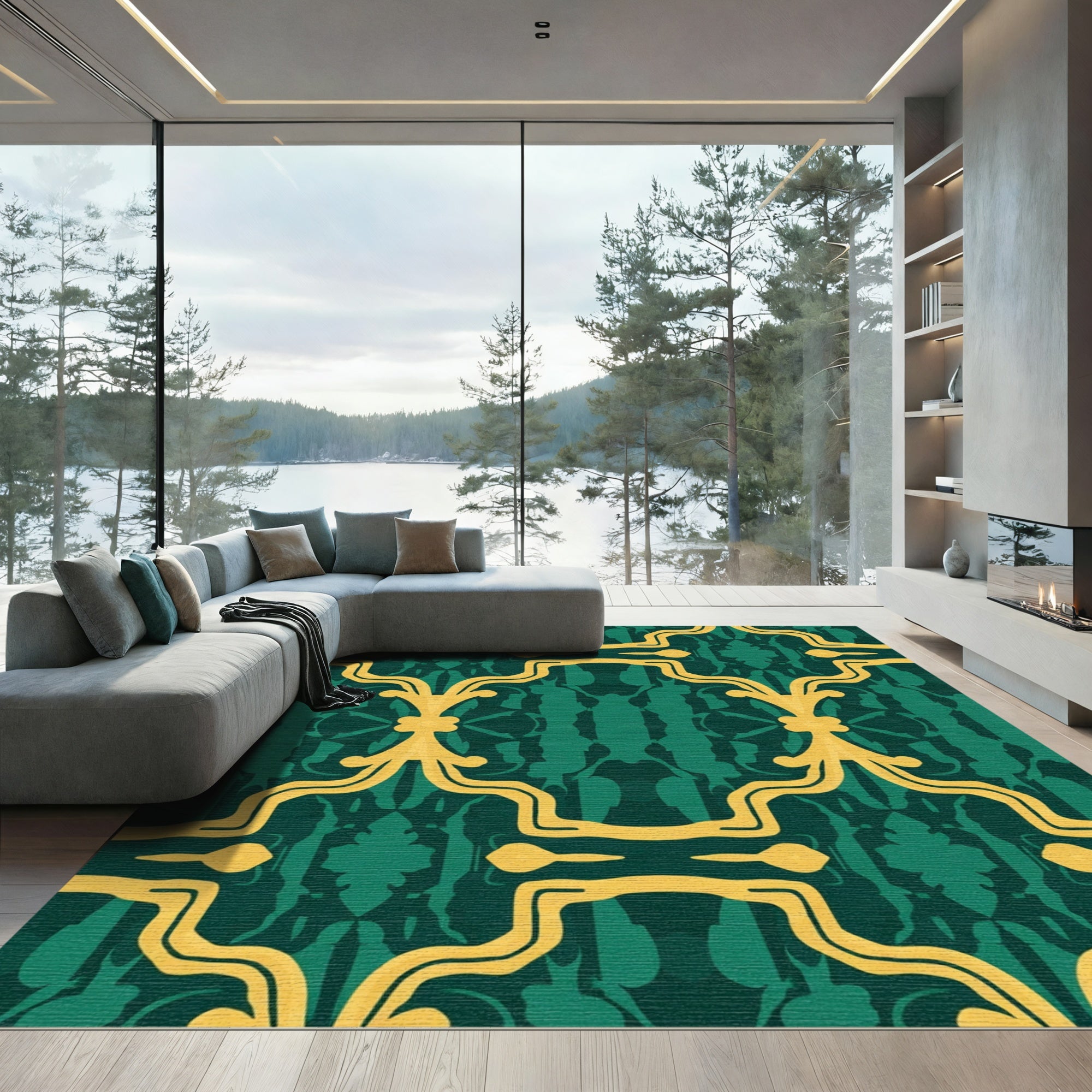 Emerald Gold Baroque Damask Rug