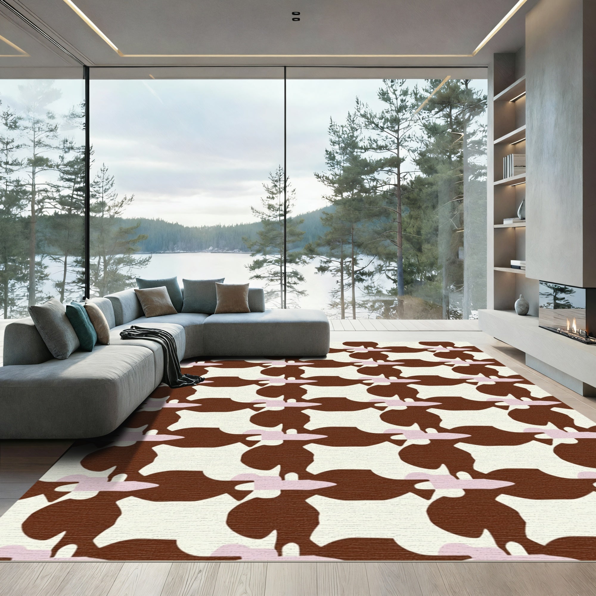 Brown Cream Pink Abstract Interlocking Shapes Rug