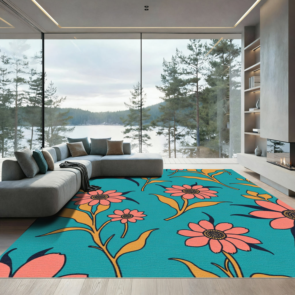 Coral Daisy Grove Teal Rug