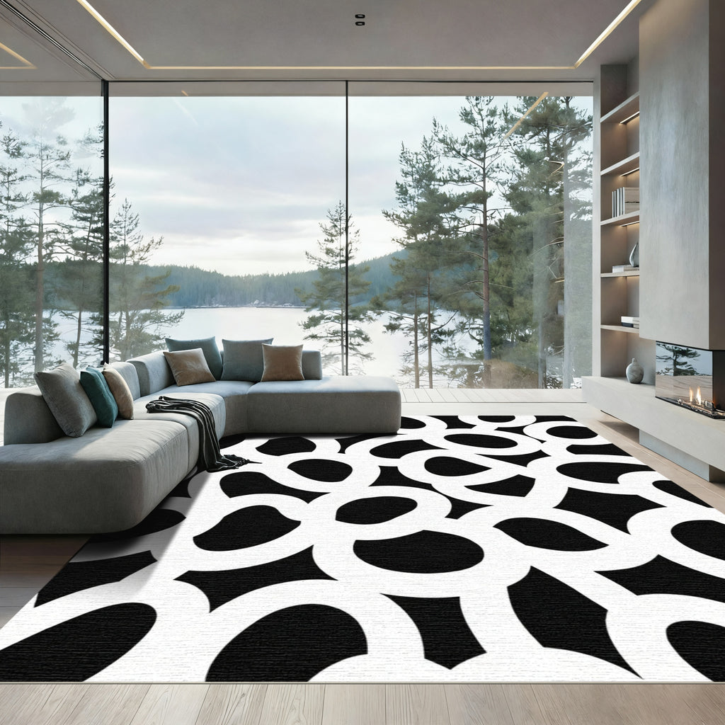 Black White Abstract Interlocking Rings Rug