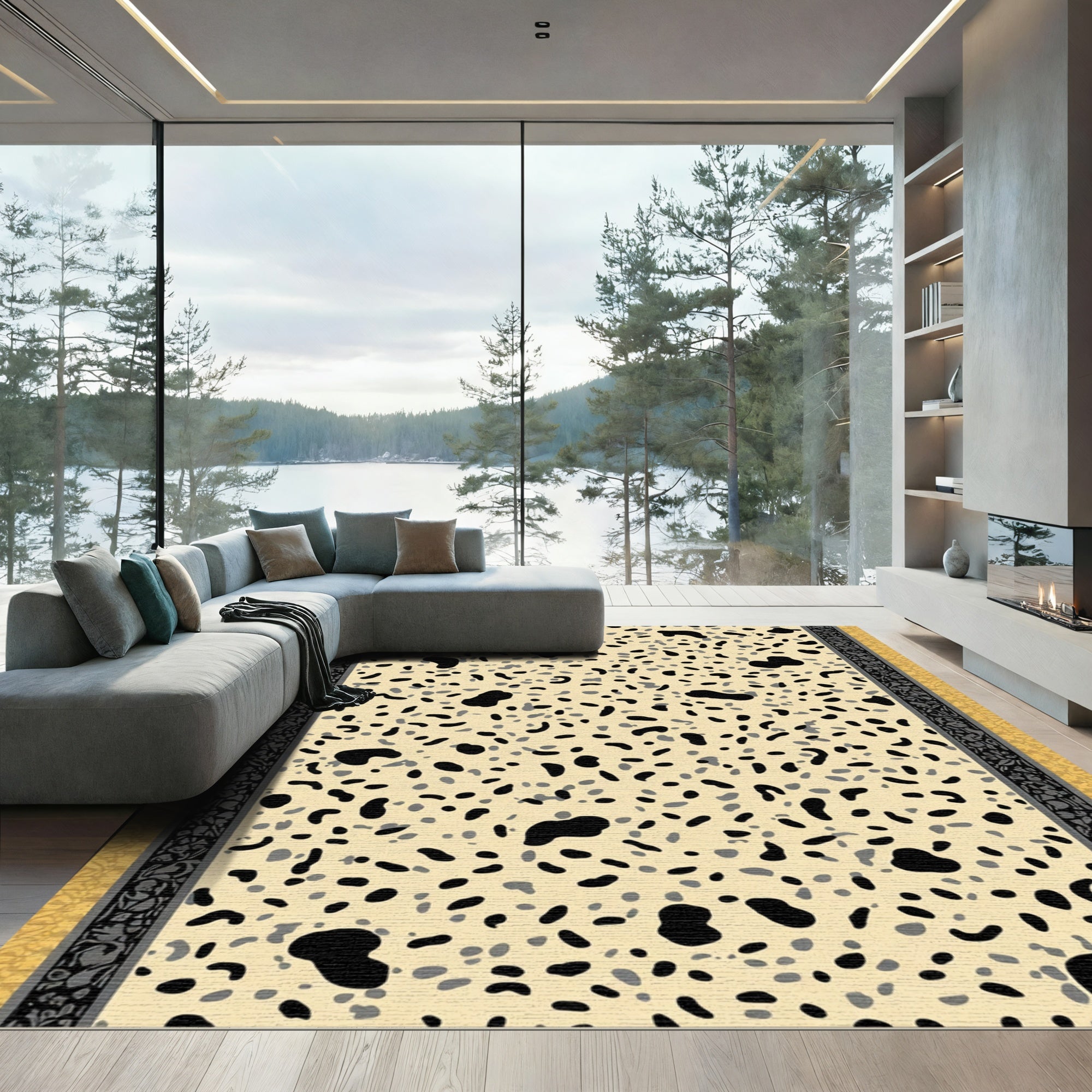Dappled Black Gray Terrazzo Bordered Rug