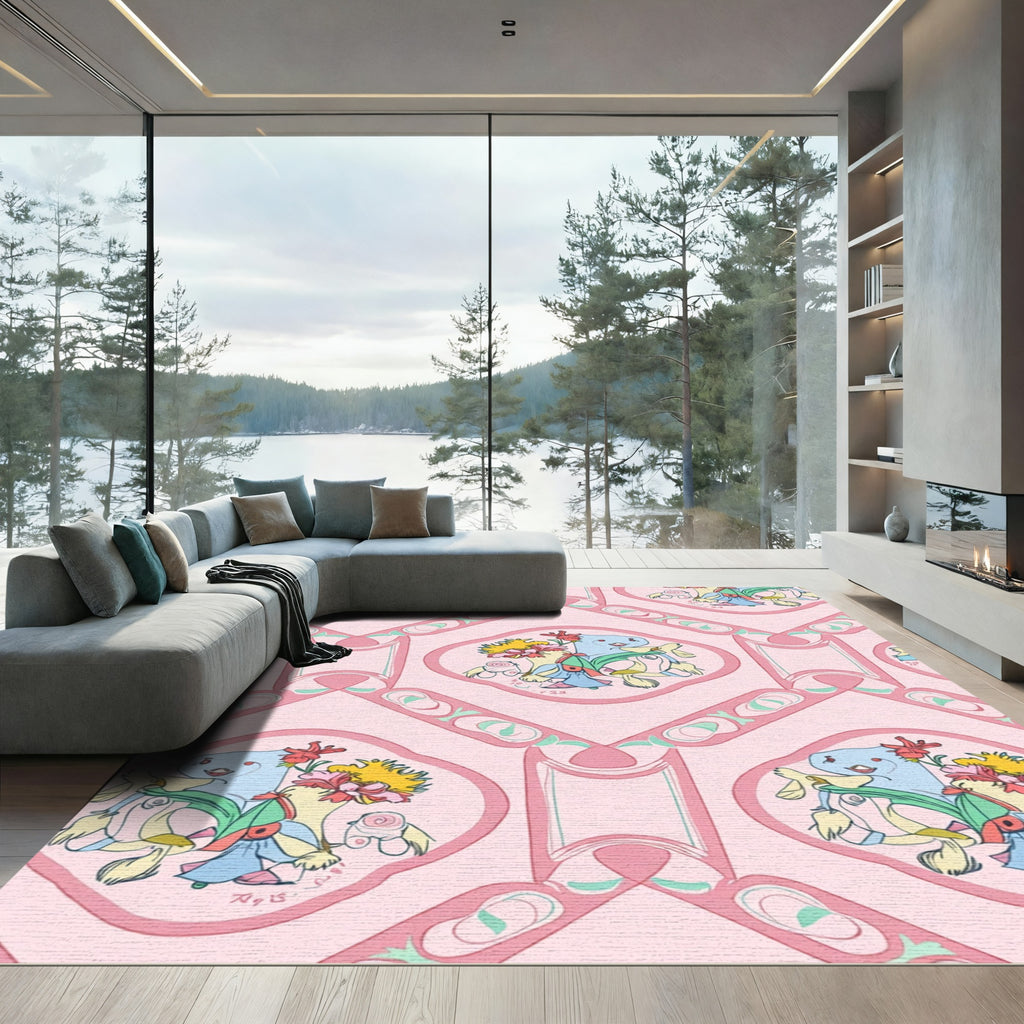 Pink Pastel Whimsical Character Floral Rug