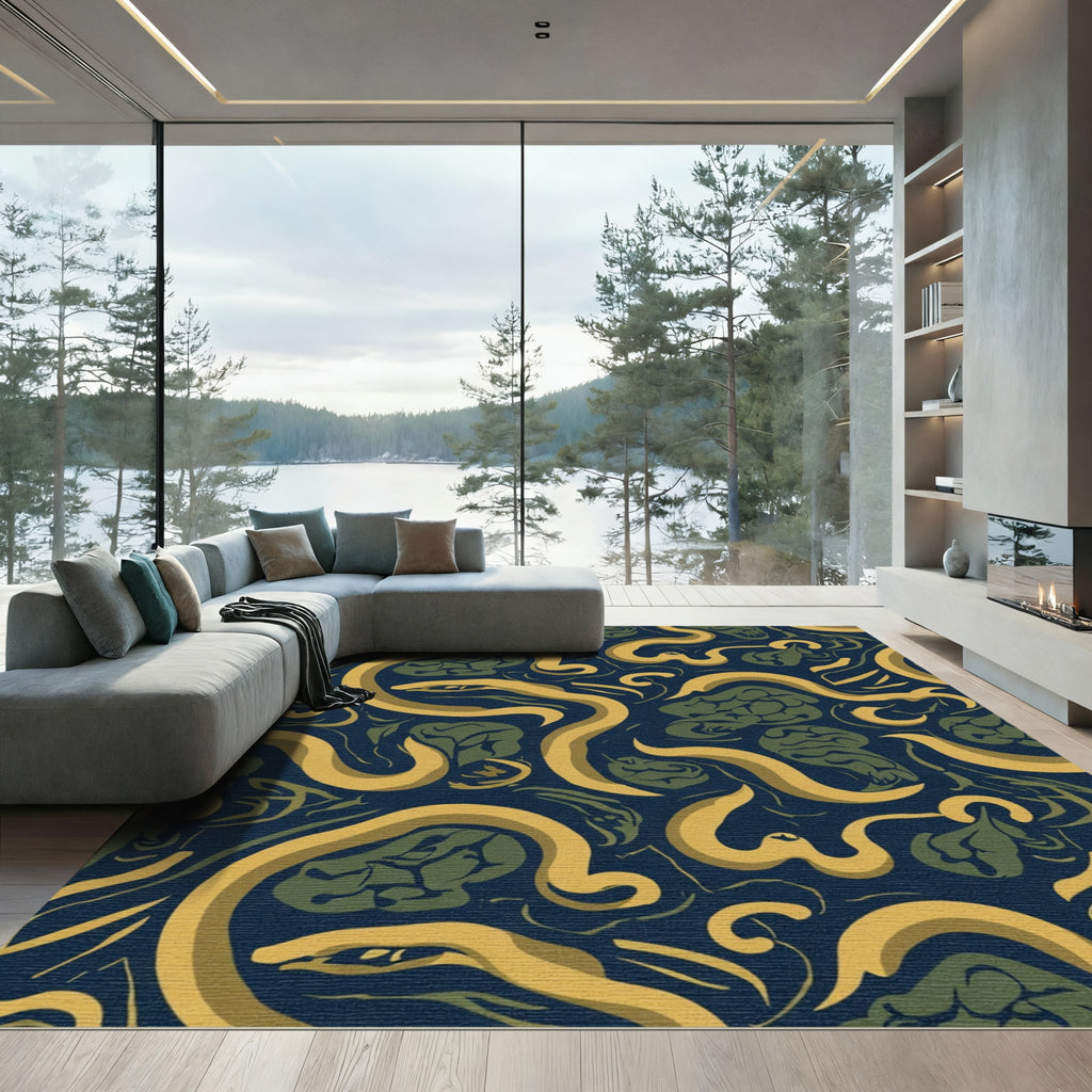 Yellow Snake Green Abstract Navy Rug