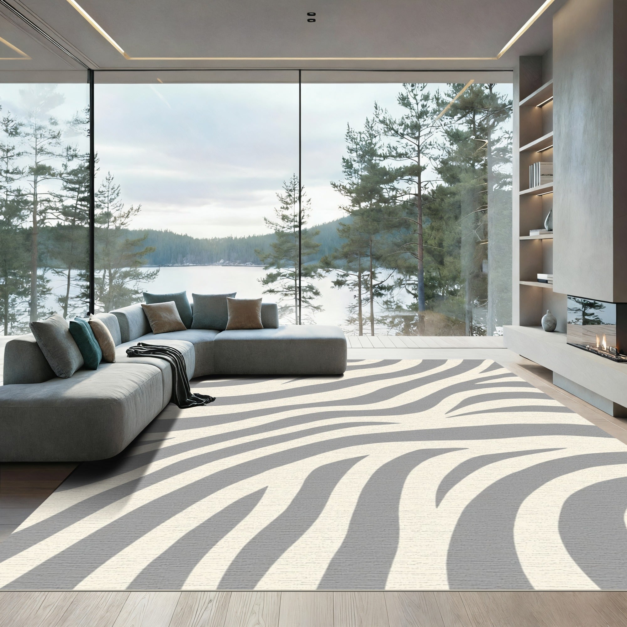 Contemporary Gray Cream Zebra Stripes Rug
