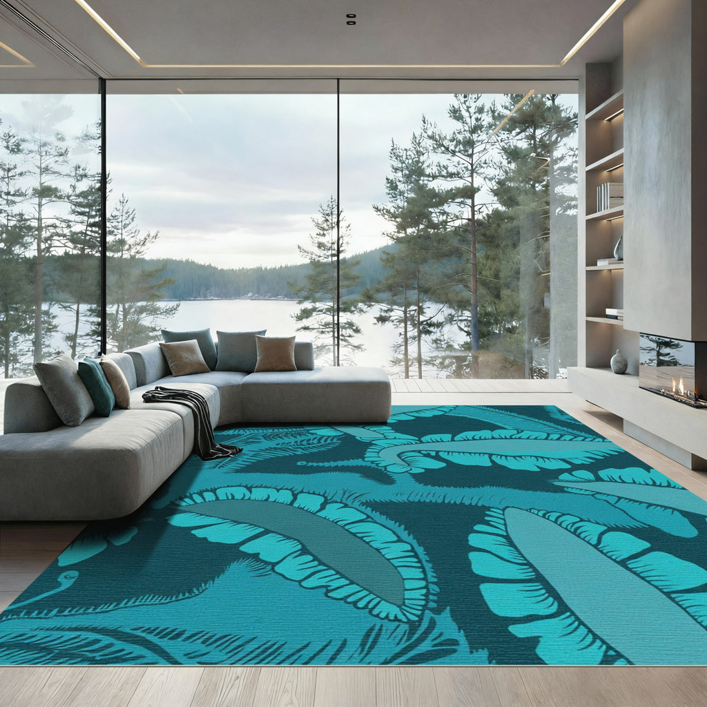 Deep Teal Feathered Leaf Canopy Rug
