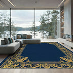 Ornate Gold Floral Navy Rectangular Border Rug