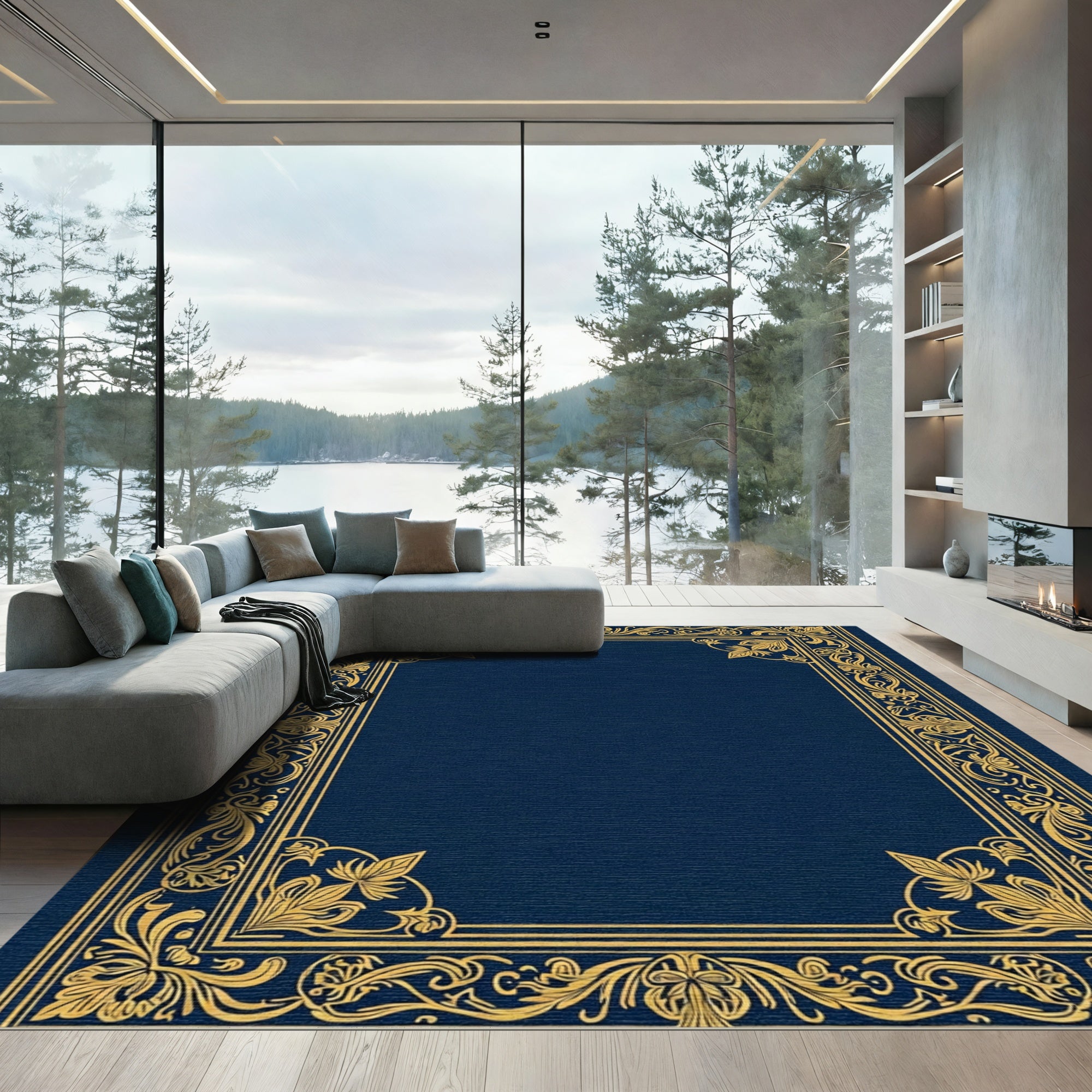 Ornate Gold Floral Navy Rectangular Border Rug