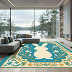 Aqua Bunny Floral Whimsical Garden Rug