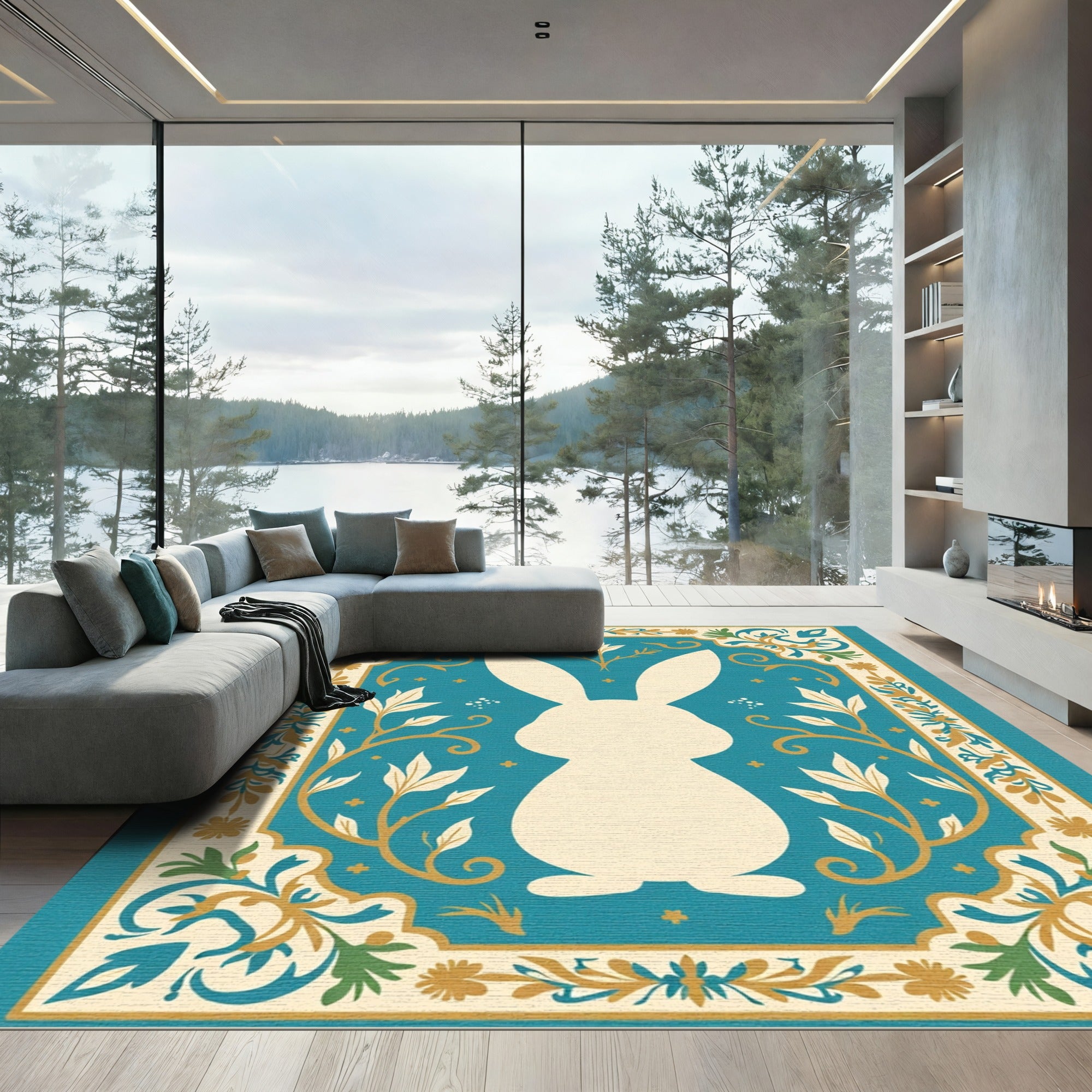 Aqua Bunny Floral Whimsical Garden Rug