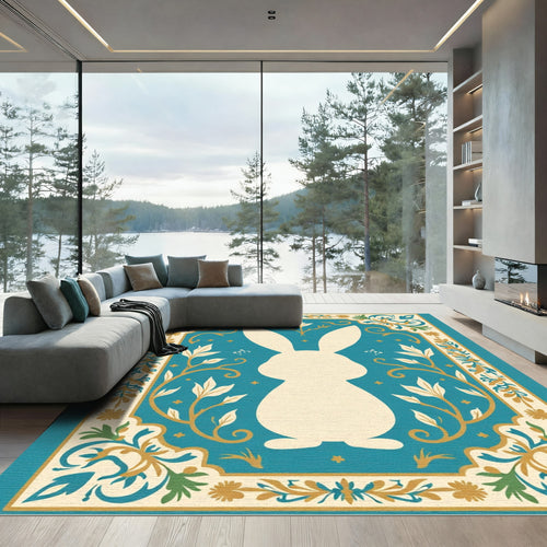Aqua Bunny Floral Whimsical Garden Rug