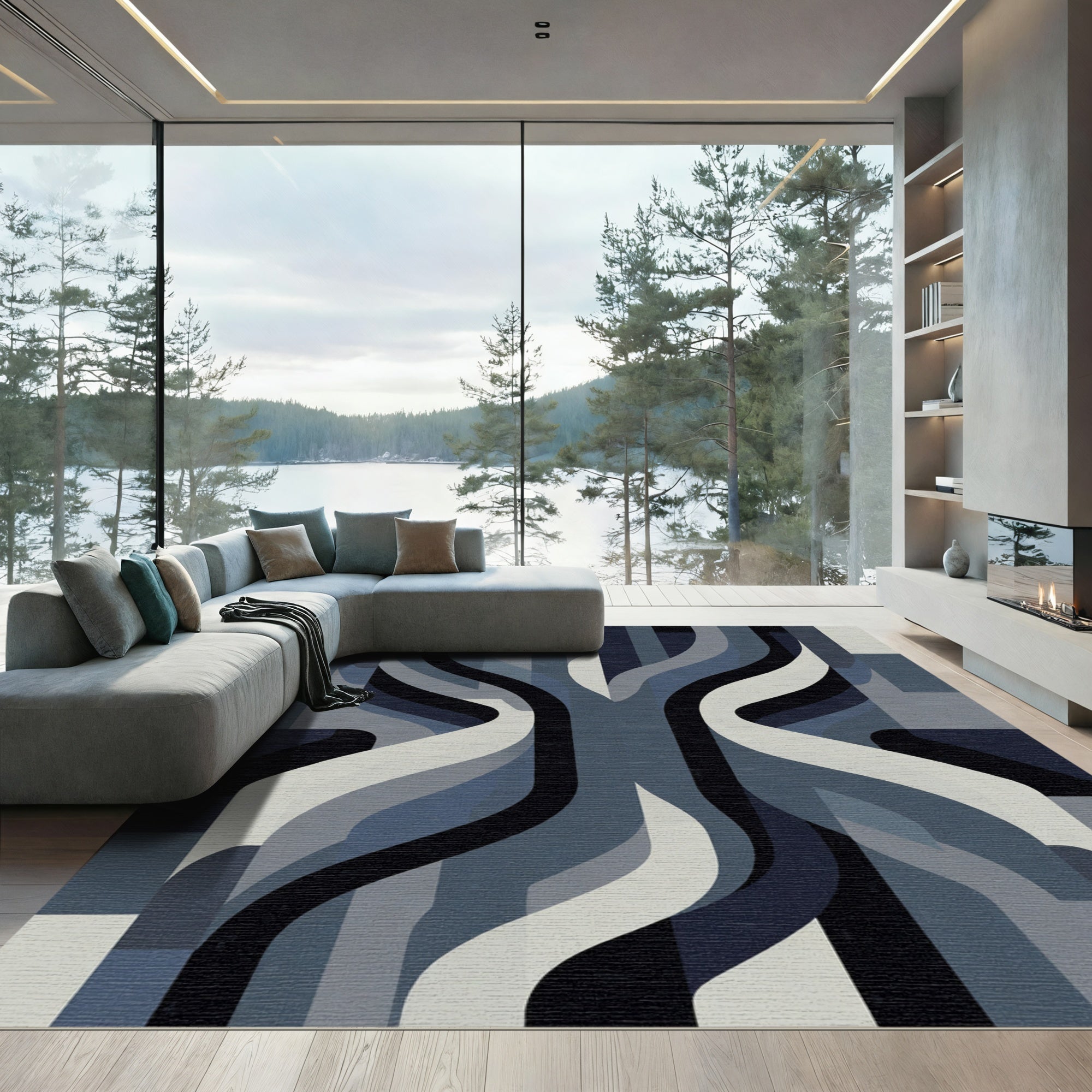 Dark Blue Gray Abstract Waves Rug