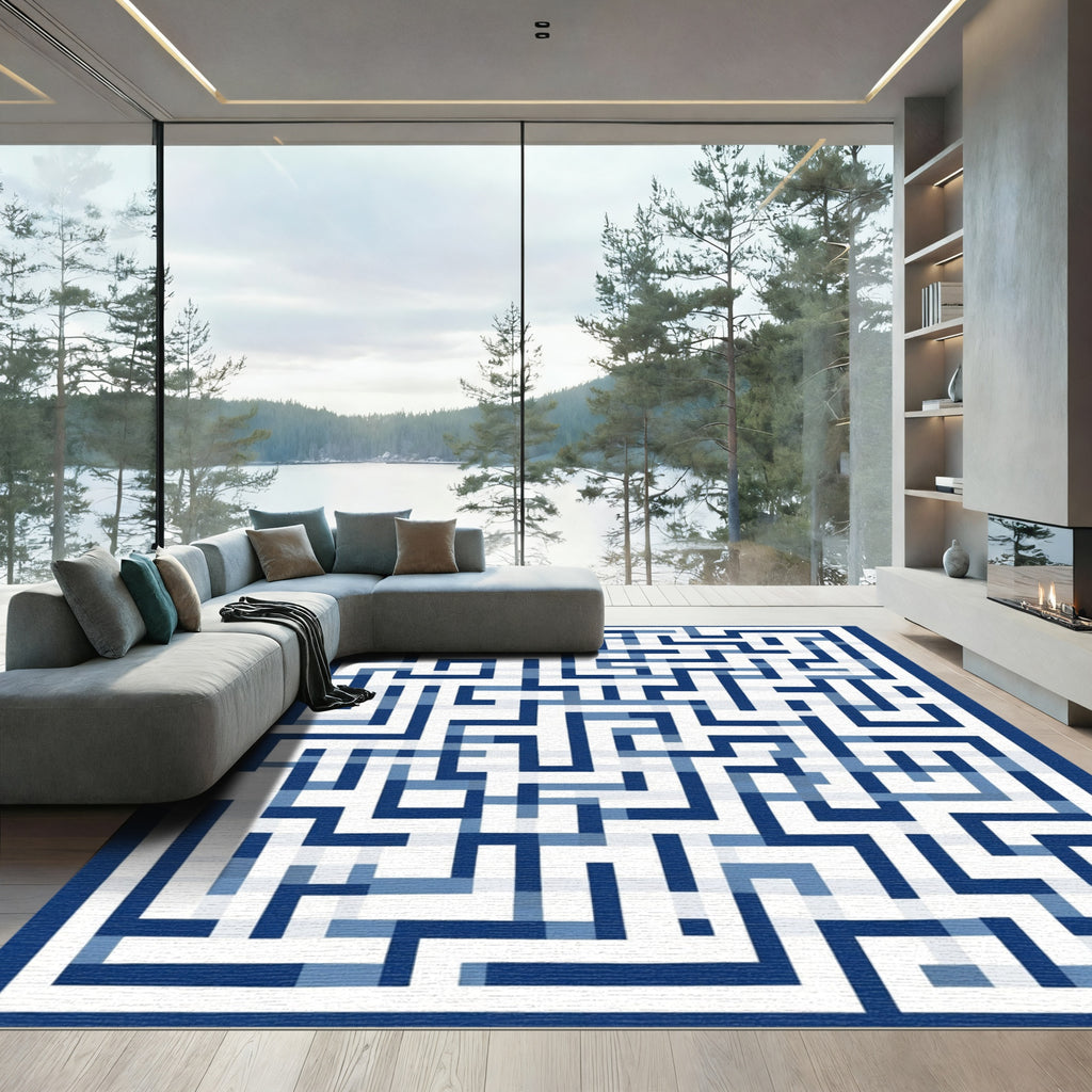 Geometric Blue Maze Linework Rug